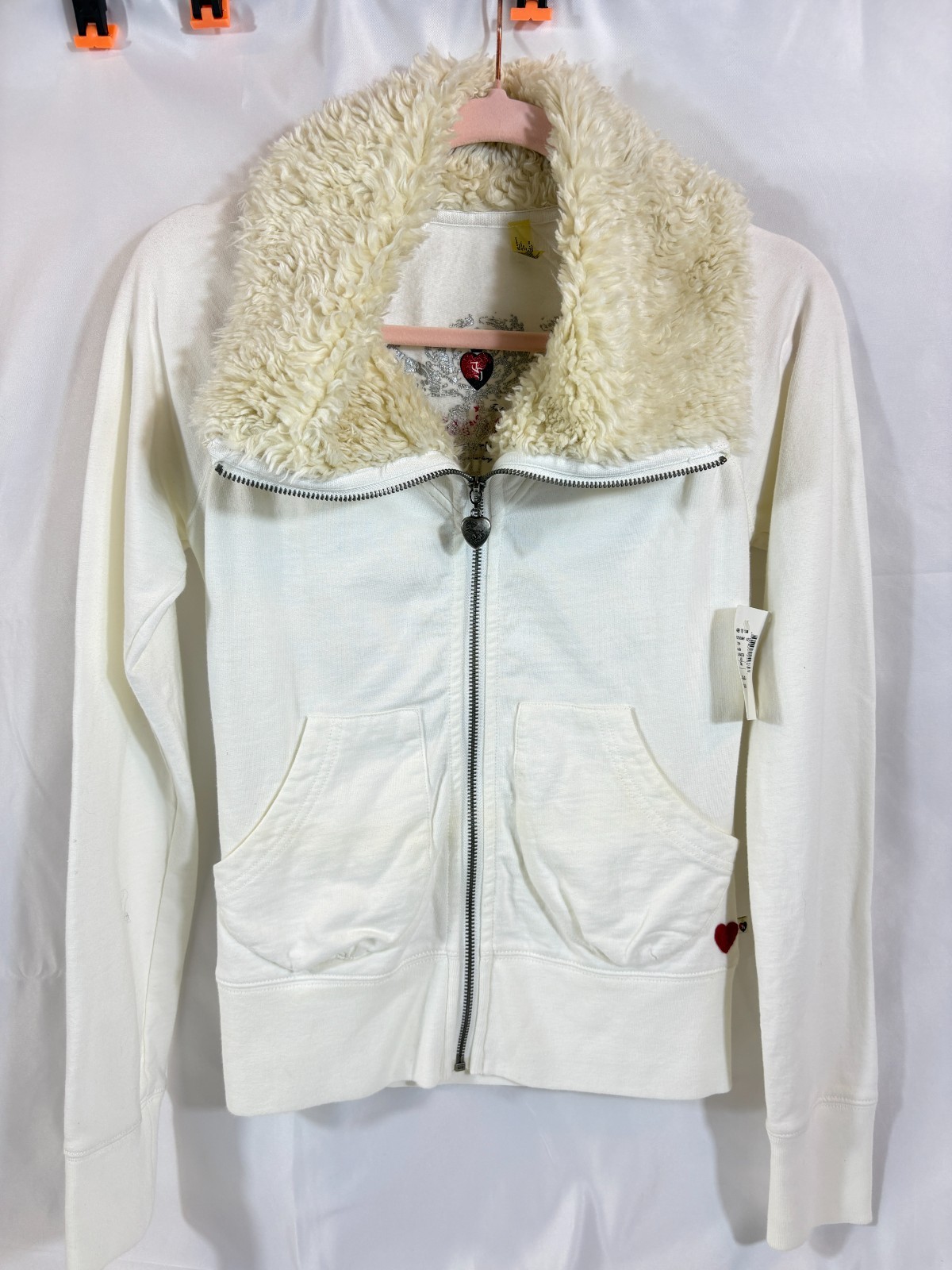 TWISTED HEART BEADED HEART Embroidered Zip Up Faux Fur Trim Hoodie Sz XS NWT