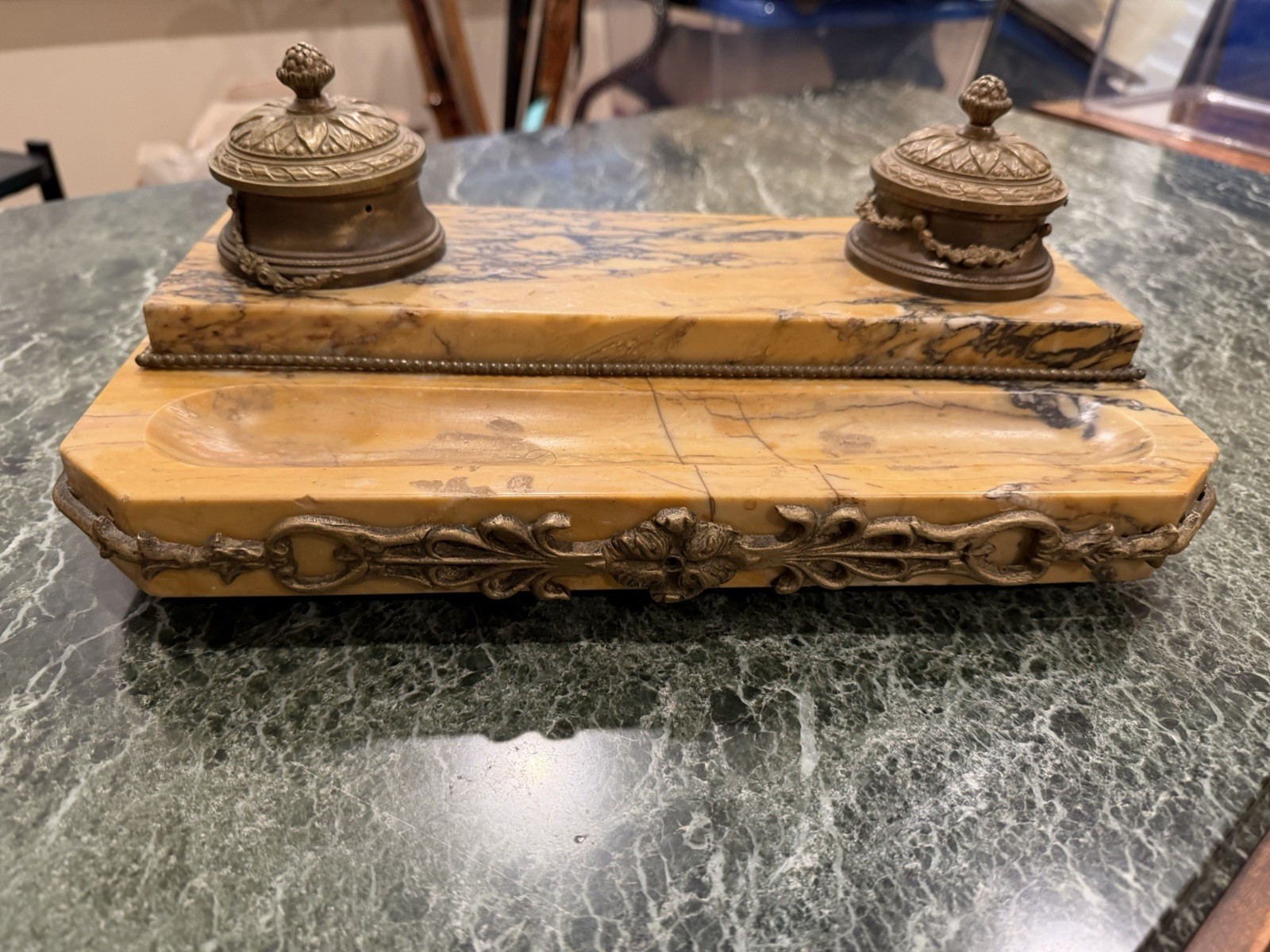 Napoleon III Large French Double Ink Well - Brass With Footed Marble Base