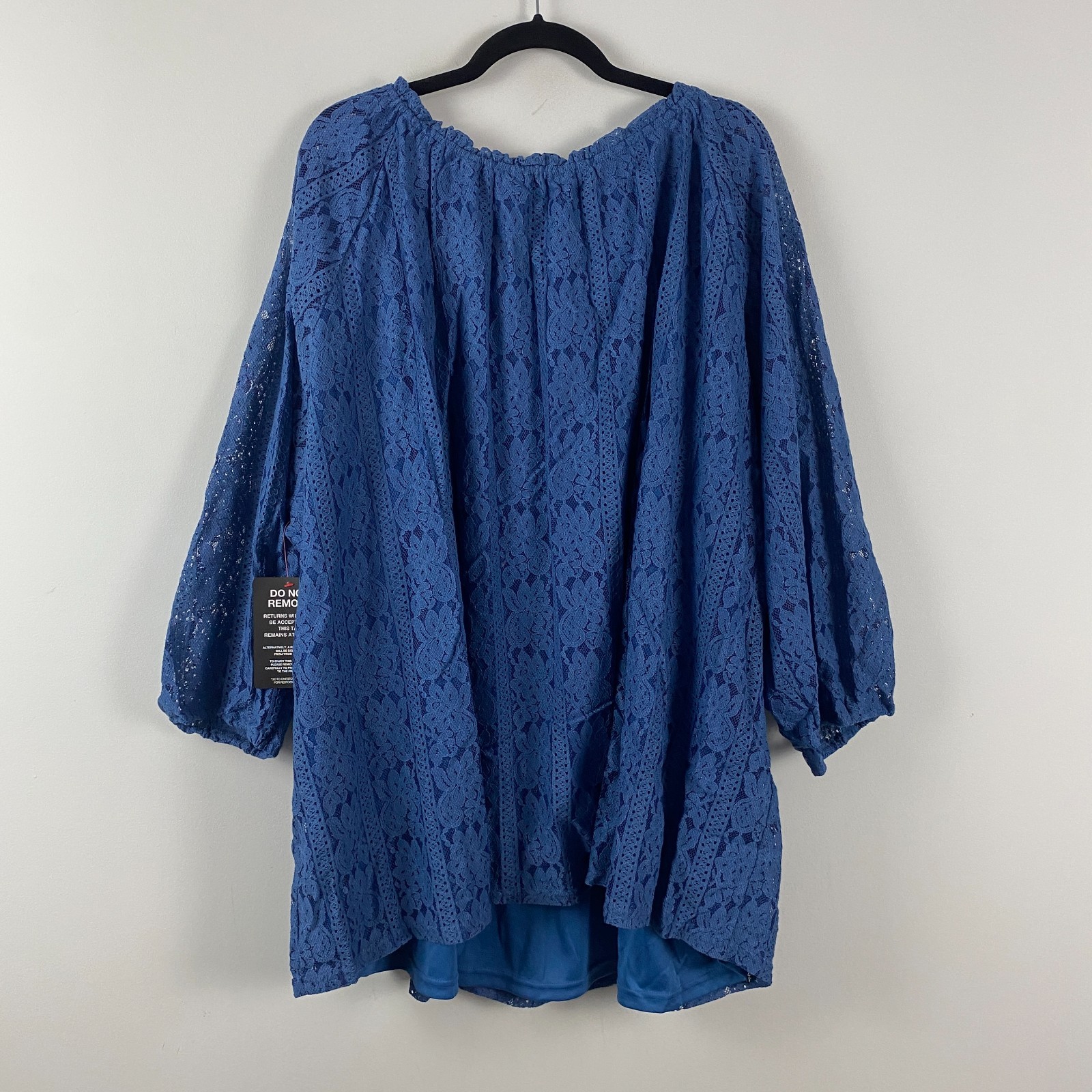 Catherines Stretch Lace Peasant Blouse Size 5X Blue 3/4 Sleeves Lined