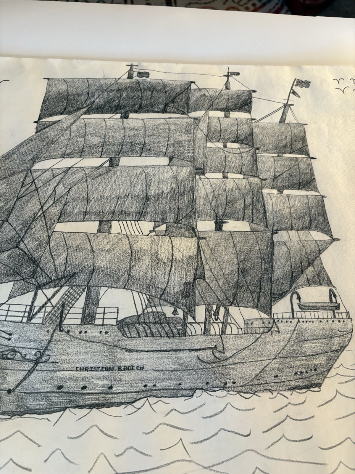 Pencil Drawing Norwegian Full Rigged Tall Sailing Ship Christian Radich Signed
