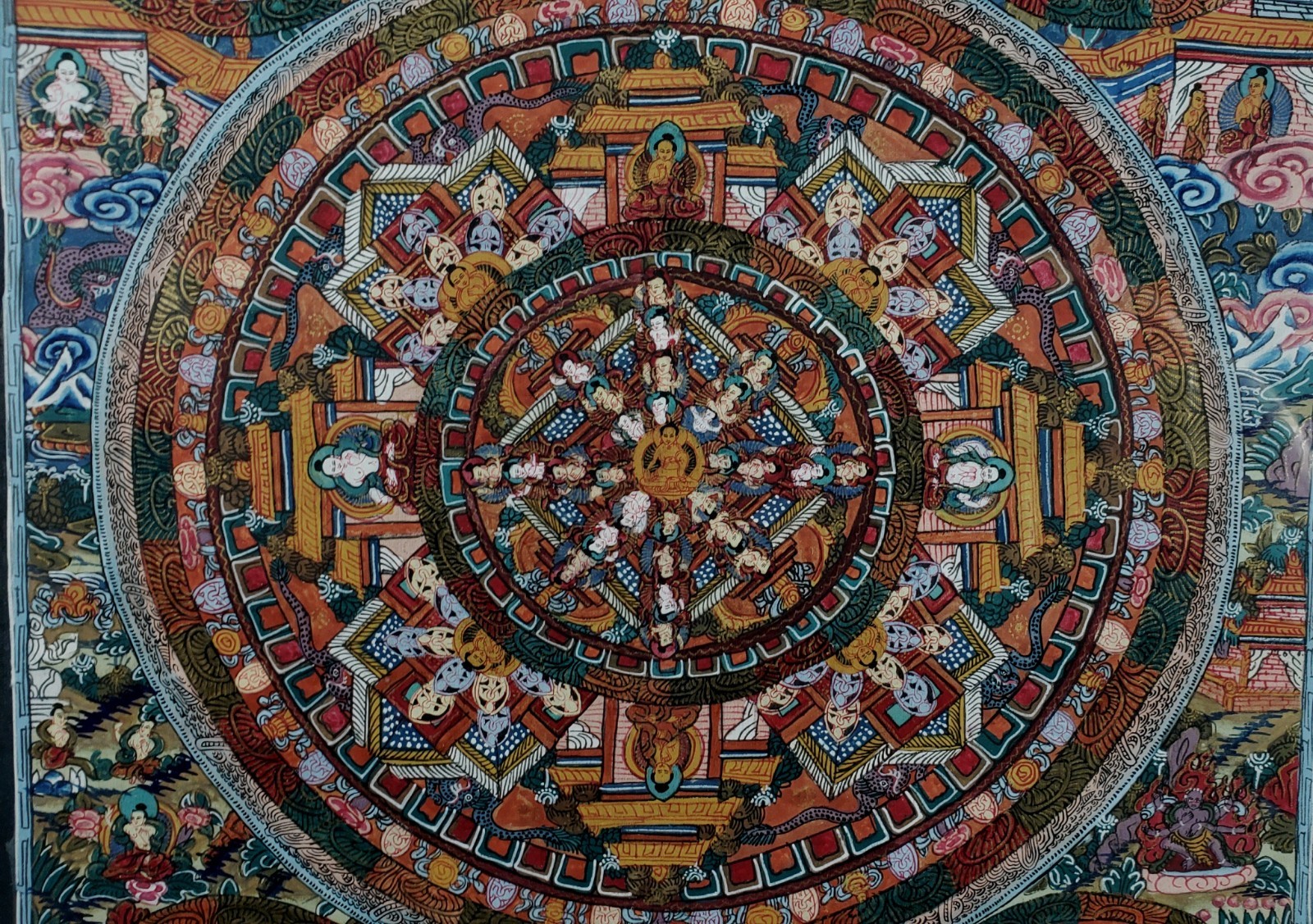 Vintage Hand Painted Tibetan Buddhist Mandala Thangka Framed 16 x 19” VF+