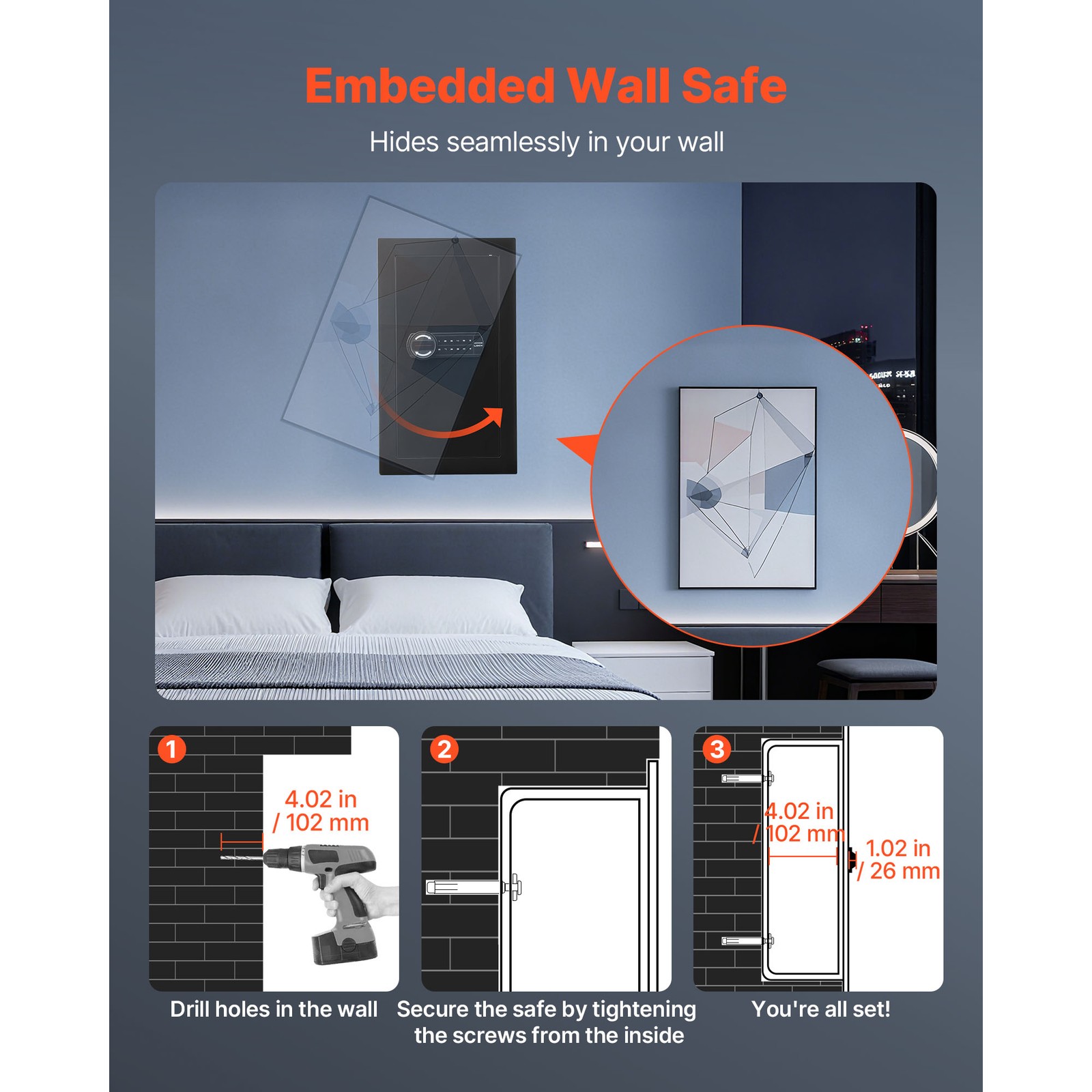 Uimoso 3-Tier Wall Safe with LED Light, Password & Key Access,Adjustable Shelves