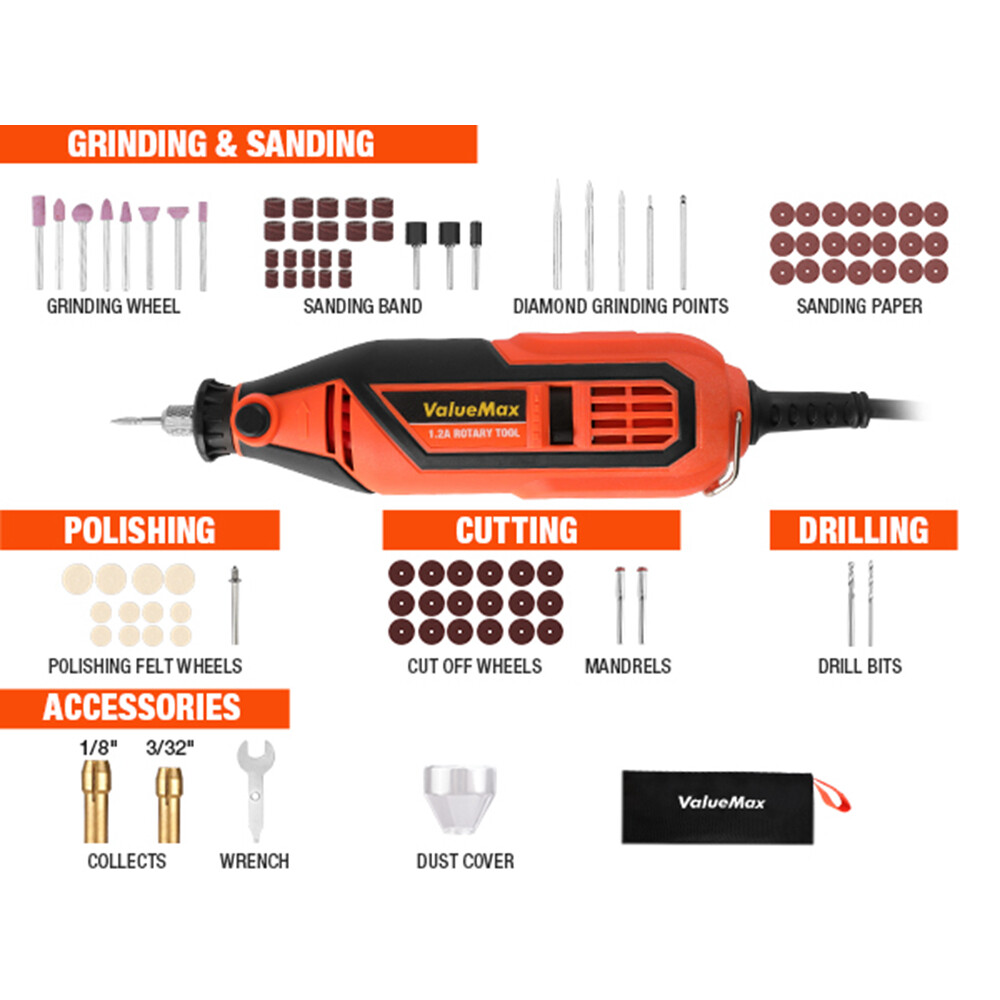 ValueMax 1.2Amp Corded Dremel Rotary Tool Kit 5 Variable Speed with Storage Case