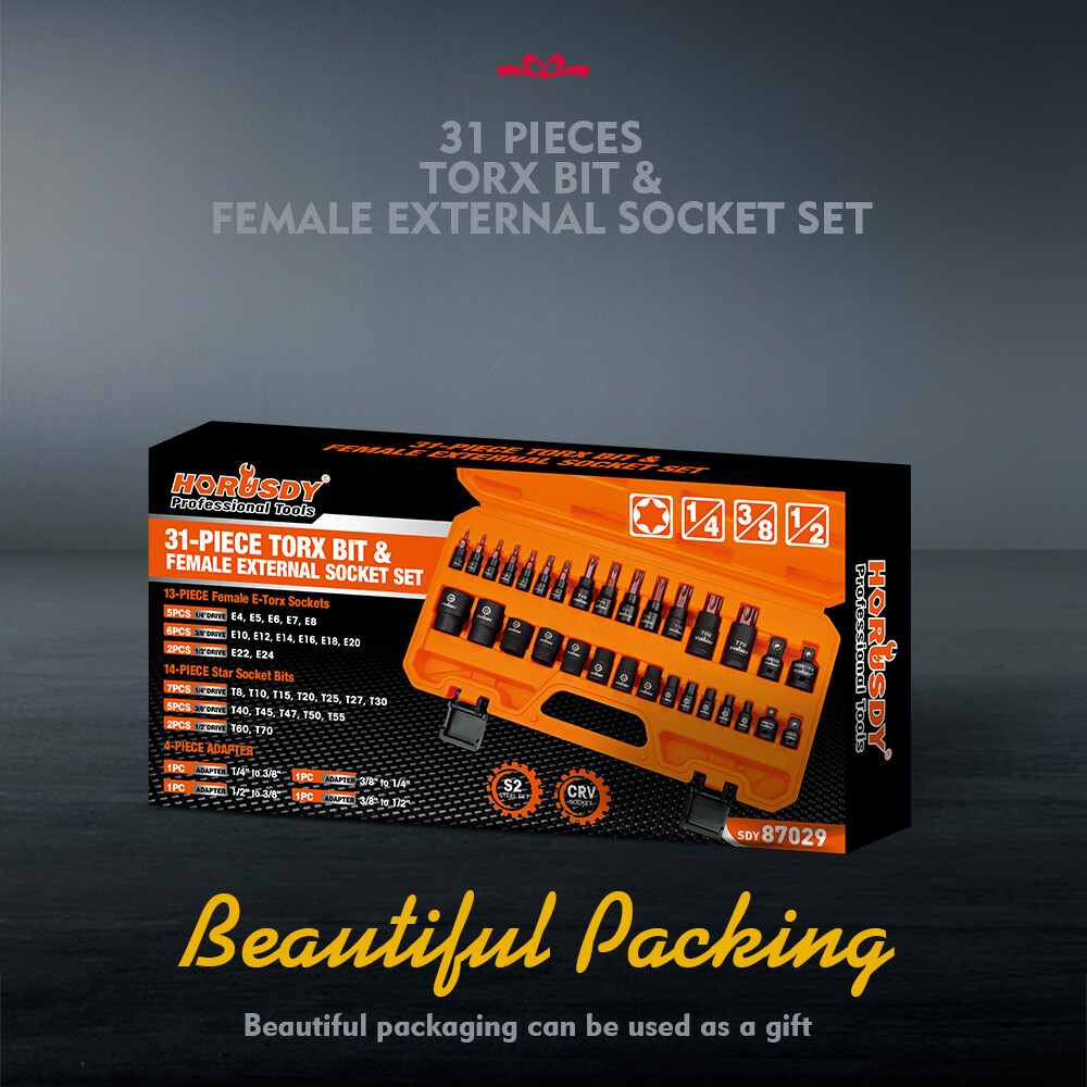 HORUSDY 31PC Torx Bit Socket& Female External Socket Set & Impact Socket Adapter