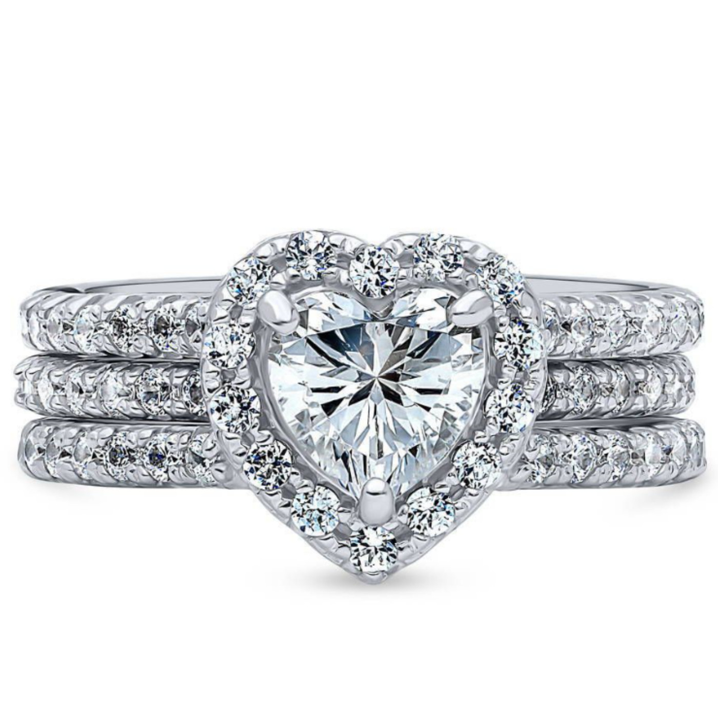 Sterling Silver AAAA Cubic Zirconia Heart Shaped Insert Ring Set