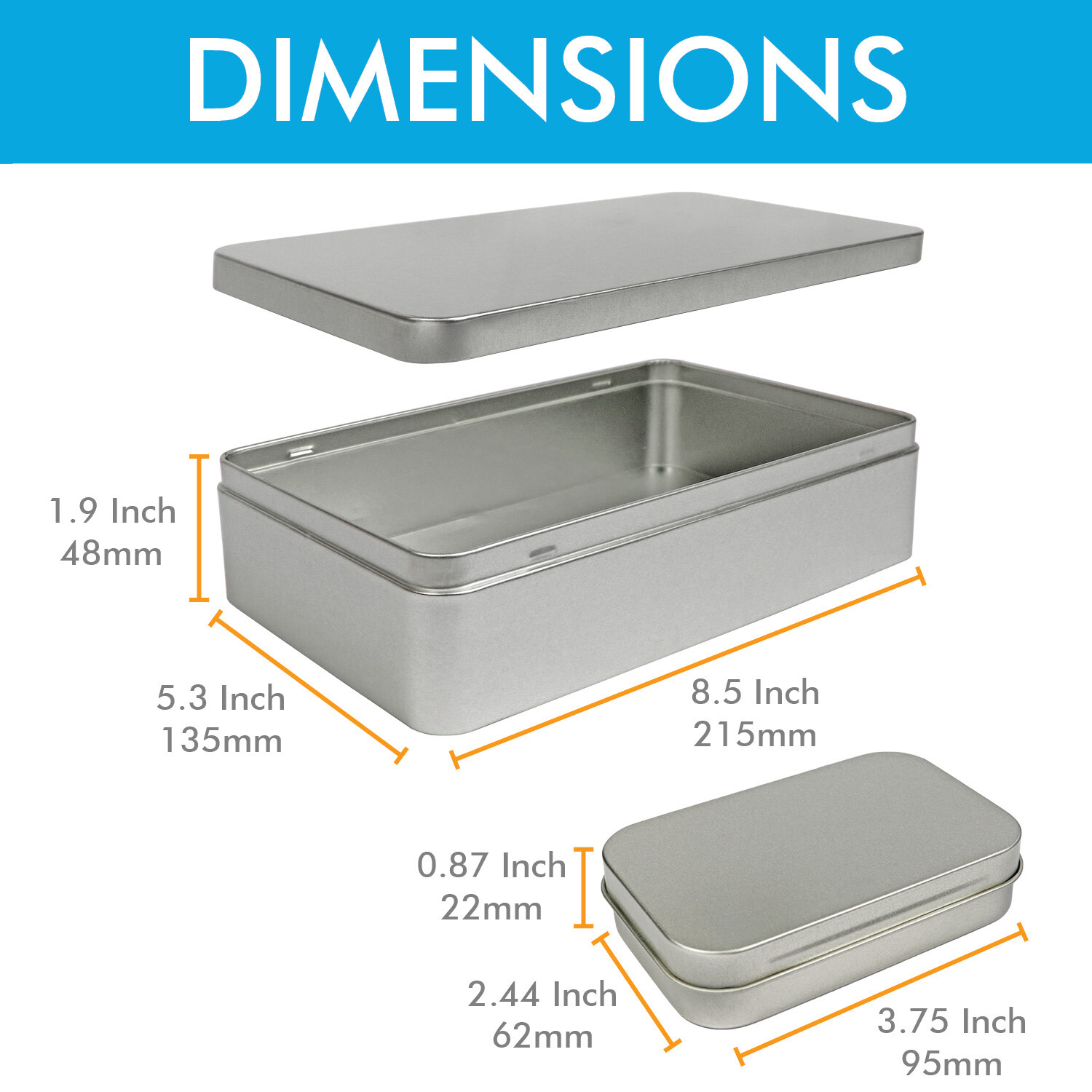 Silver Metal Rectangular Empty Tin Box Storage Container 8.5x5.3