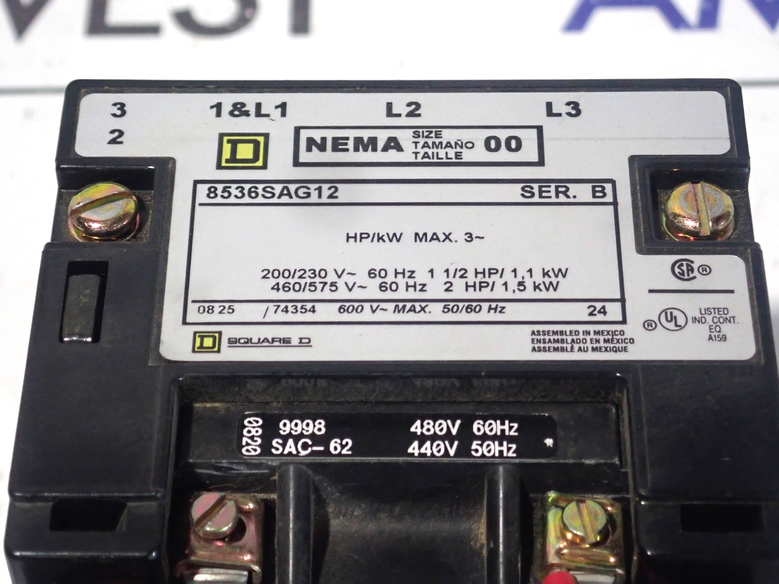 Square D 8536SAG12 Size 00 Starter 3P 11A 600V Contactor 480V Coil -Tested ST418