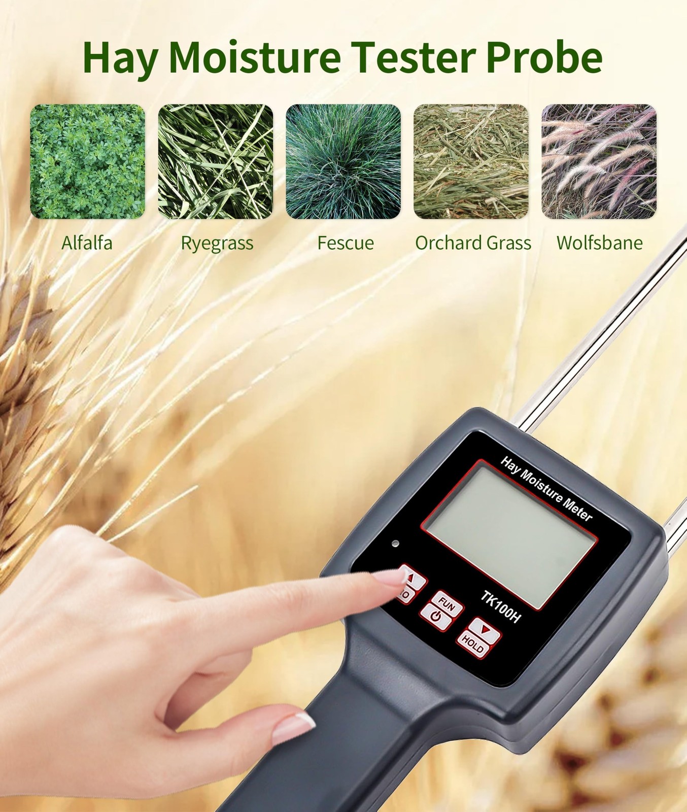 TK100H Portable Hay Meter, Hay Tester with Probe, Fast Measurements, for Cere...