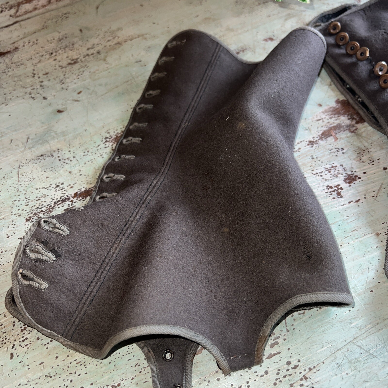 Antique Wool High 15 Button Foot Buckle Strap Pair of Spats.