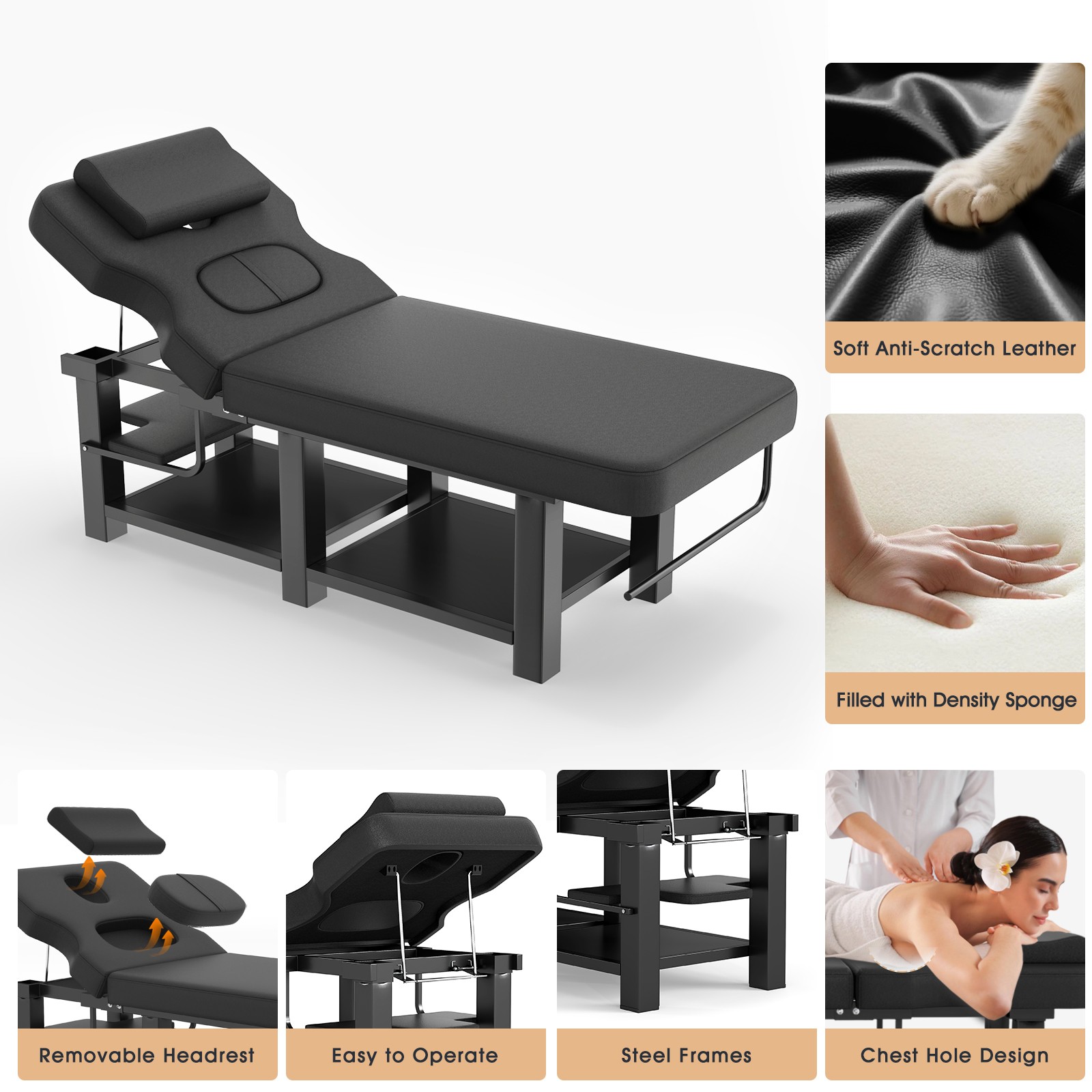 Black Massage Table Facial Bed Treatment Salon Spa Beauty w/Headrest, Open-Chest