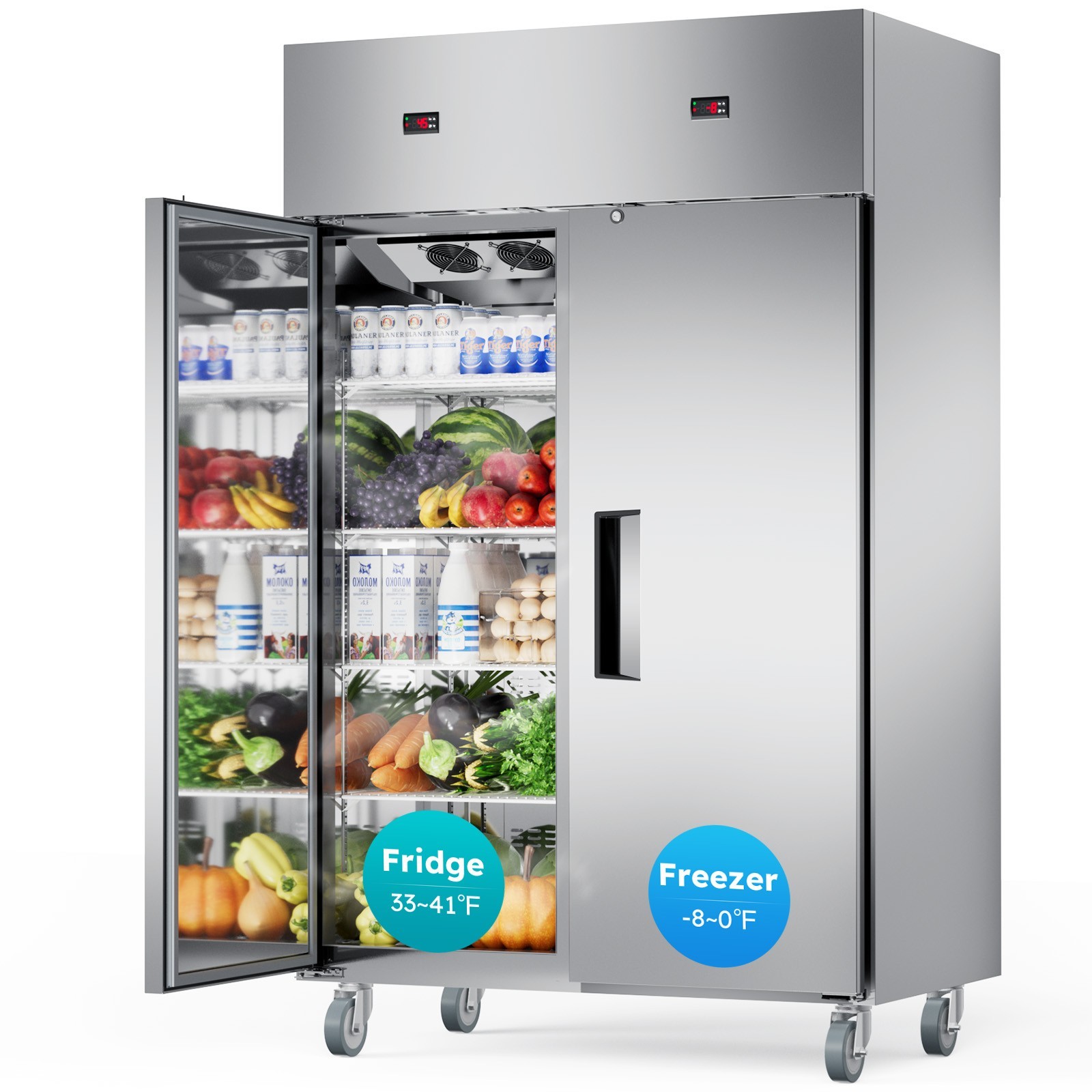 48" Commercial Fridge Freezer Combo, 2 Door Stainless Steel Fridge Freezer Dents