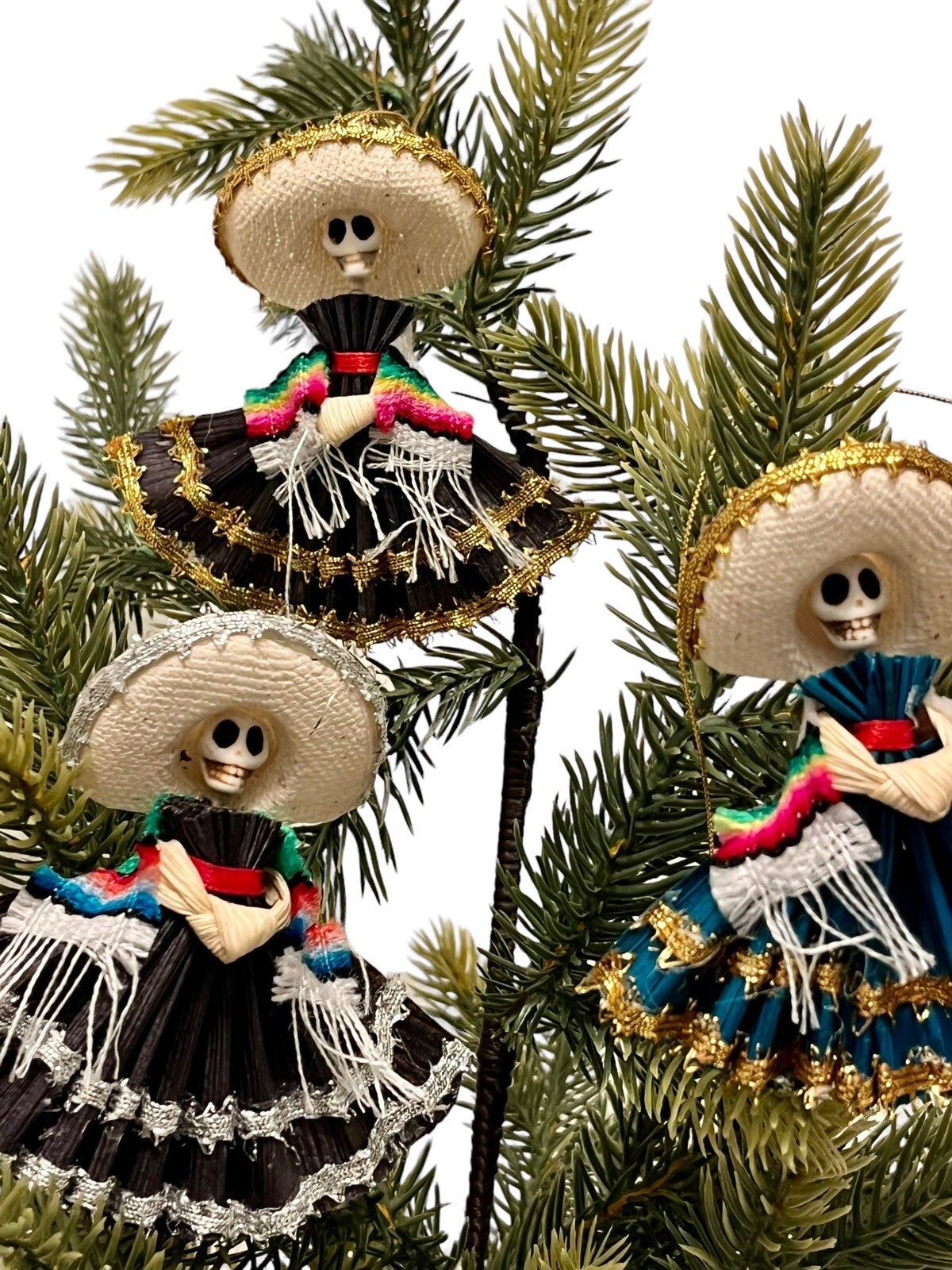 Set (4) CORN HUSK Day of the Dead CATRINA Charra, Mexican Christmas Ornaments