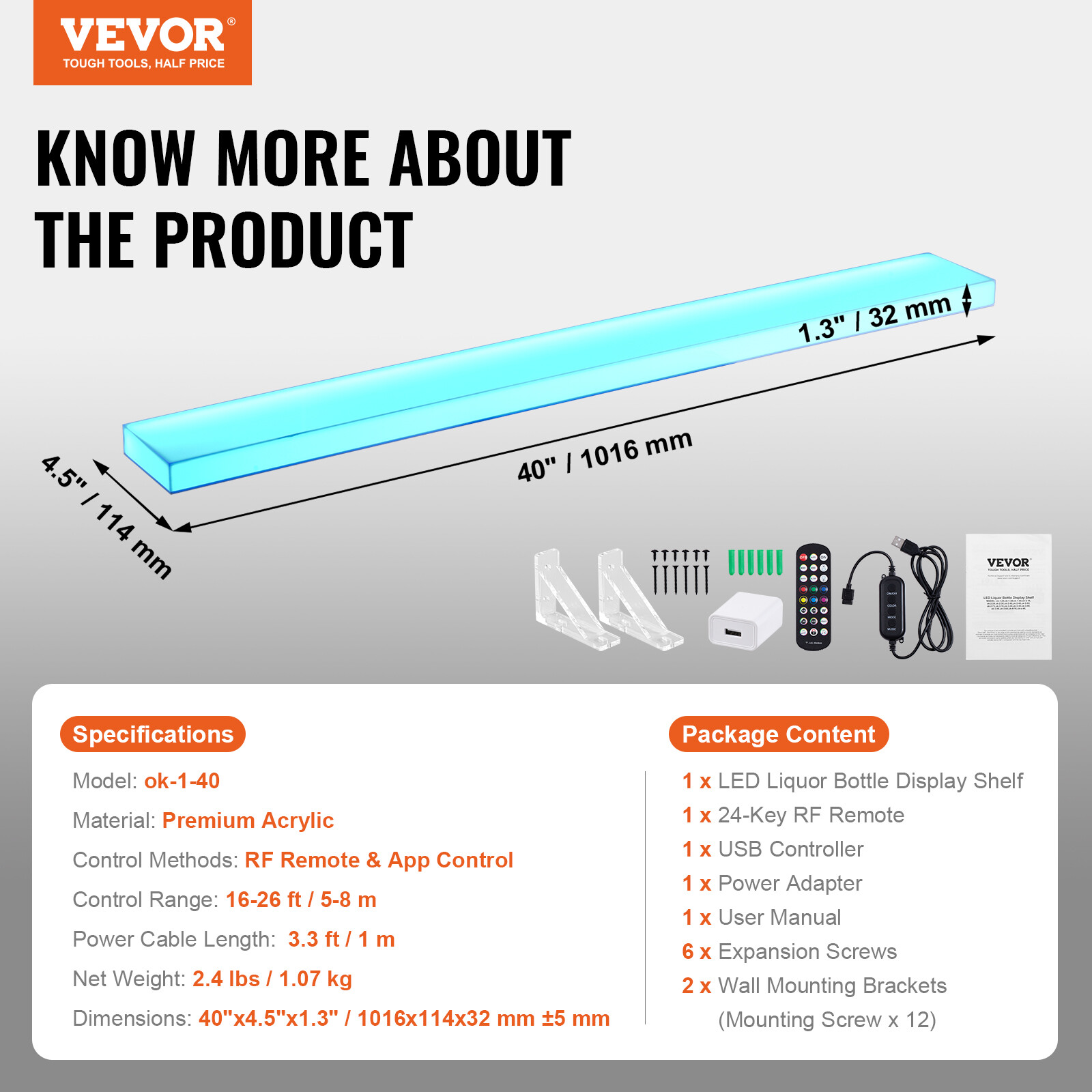 VEVOR Wall Mounted LED Lighted Liquor Bottle Display Home Bar Shelf 40" 1-Step