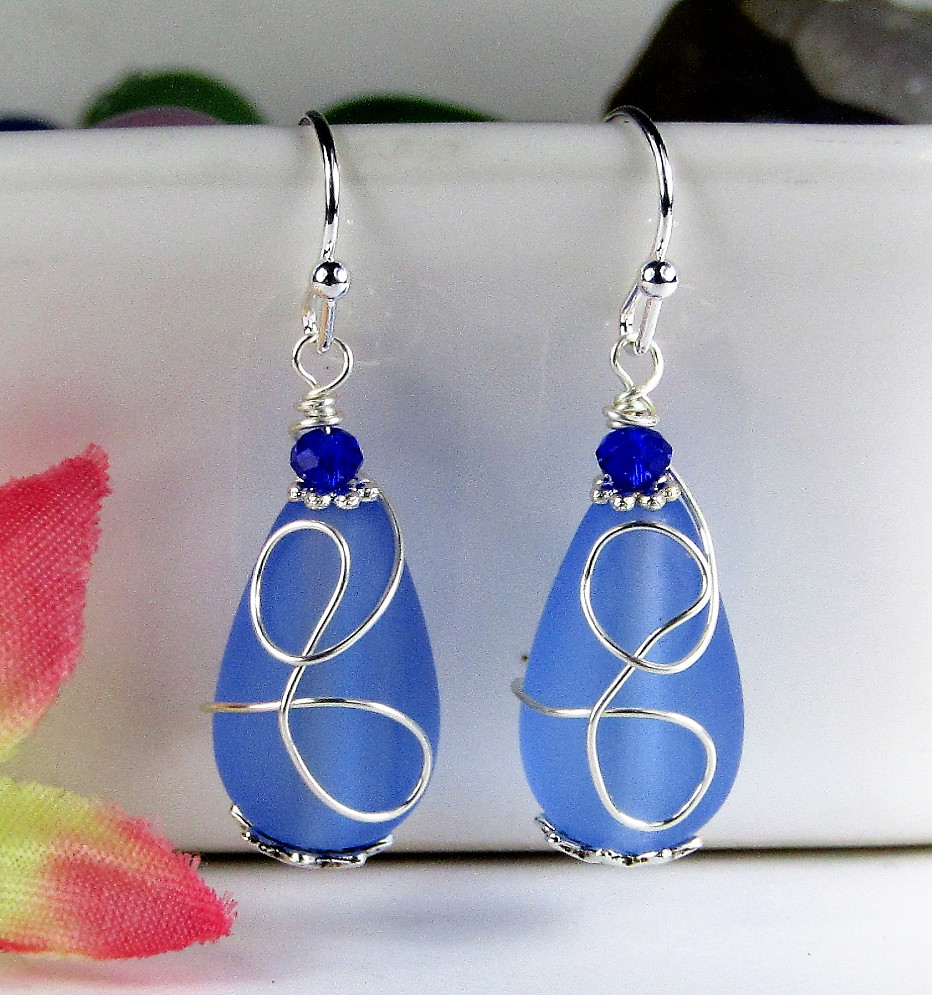 Cobalt Blue Sea Glass Teardrop, Silver Ladies Dangle Earrings, Beach Fashion