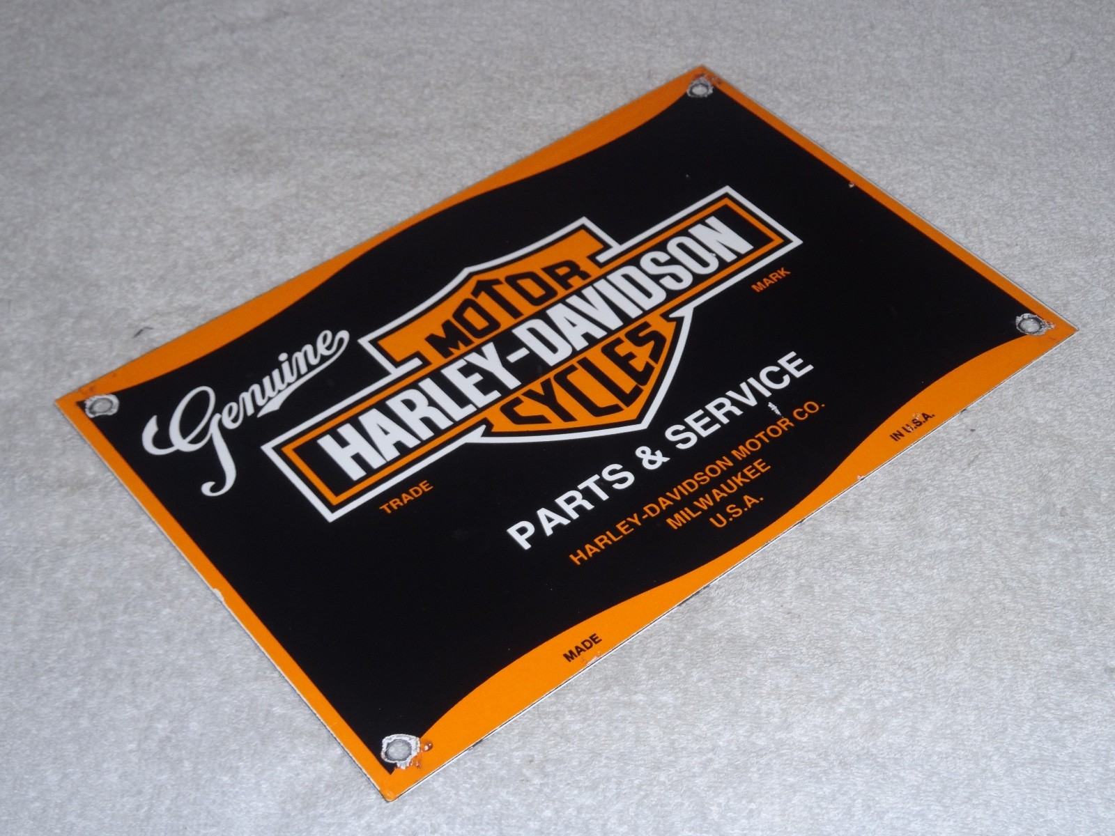 VINTAGE HARLEY DAVIDSON MOTORCYCLE PARTS 12" PORCELAIN METAL GASOLINE & OIL SIGN