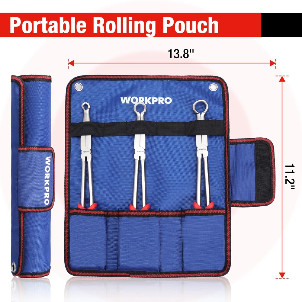 WORKPRO 3PC Long Reach Hose Grip Pliers Set 11" Ring Nose Hose Gripper Plier USA