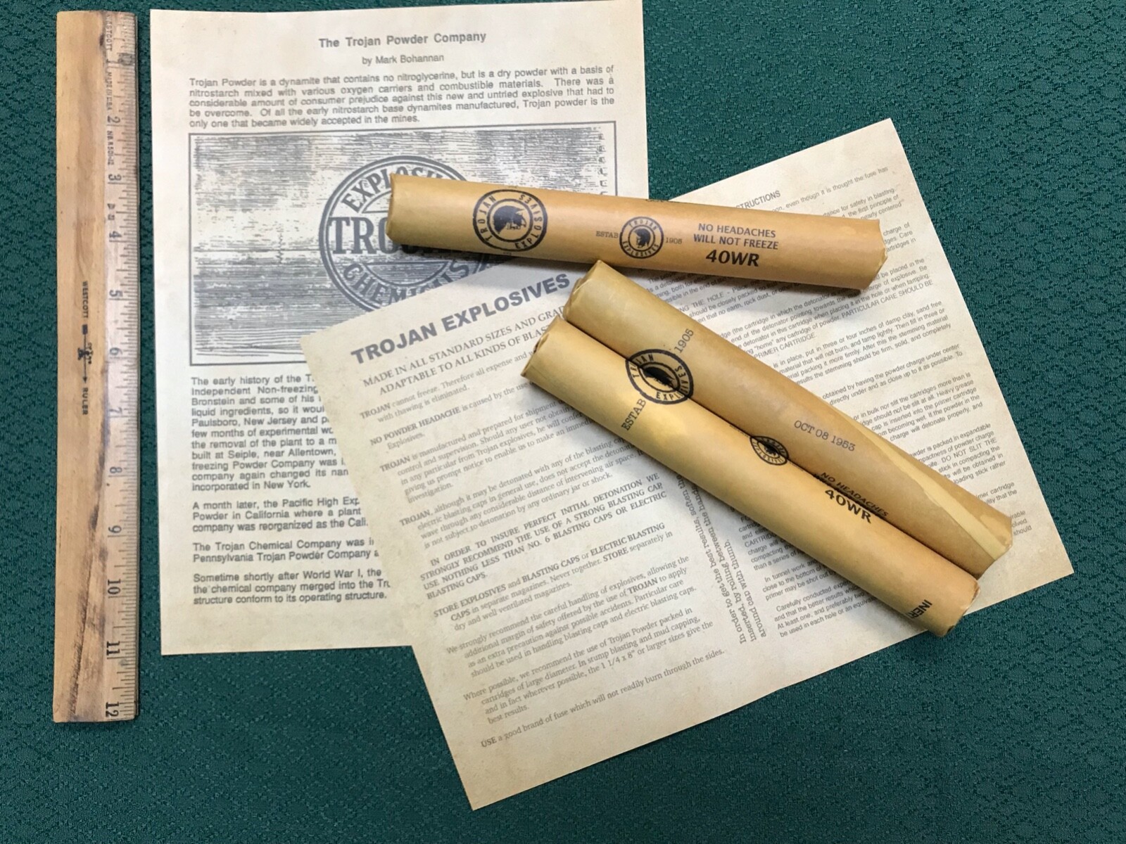 inert Trojan dynamite sticks, set of 3 w/instructions and history