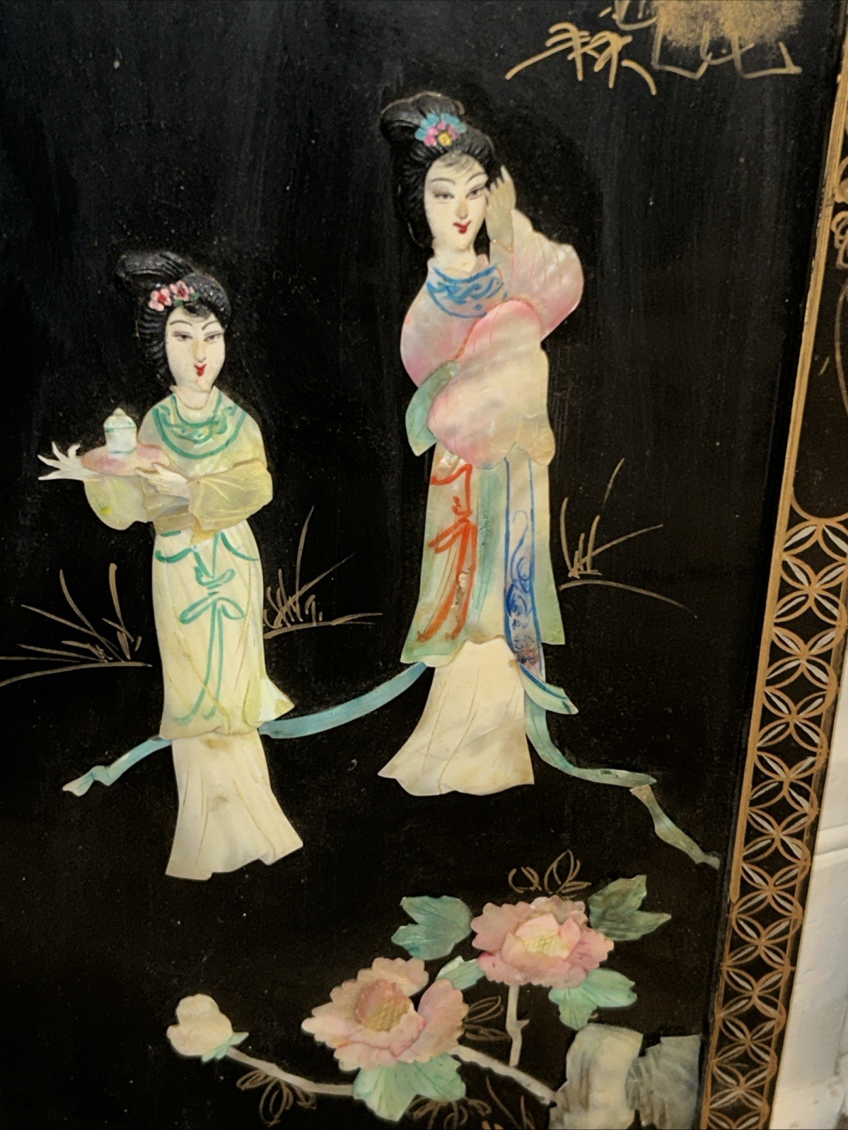 3 Vintage Laquered Asian With Mother of Pearl Panels 12”x 36”