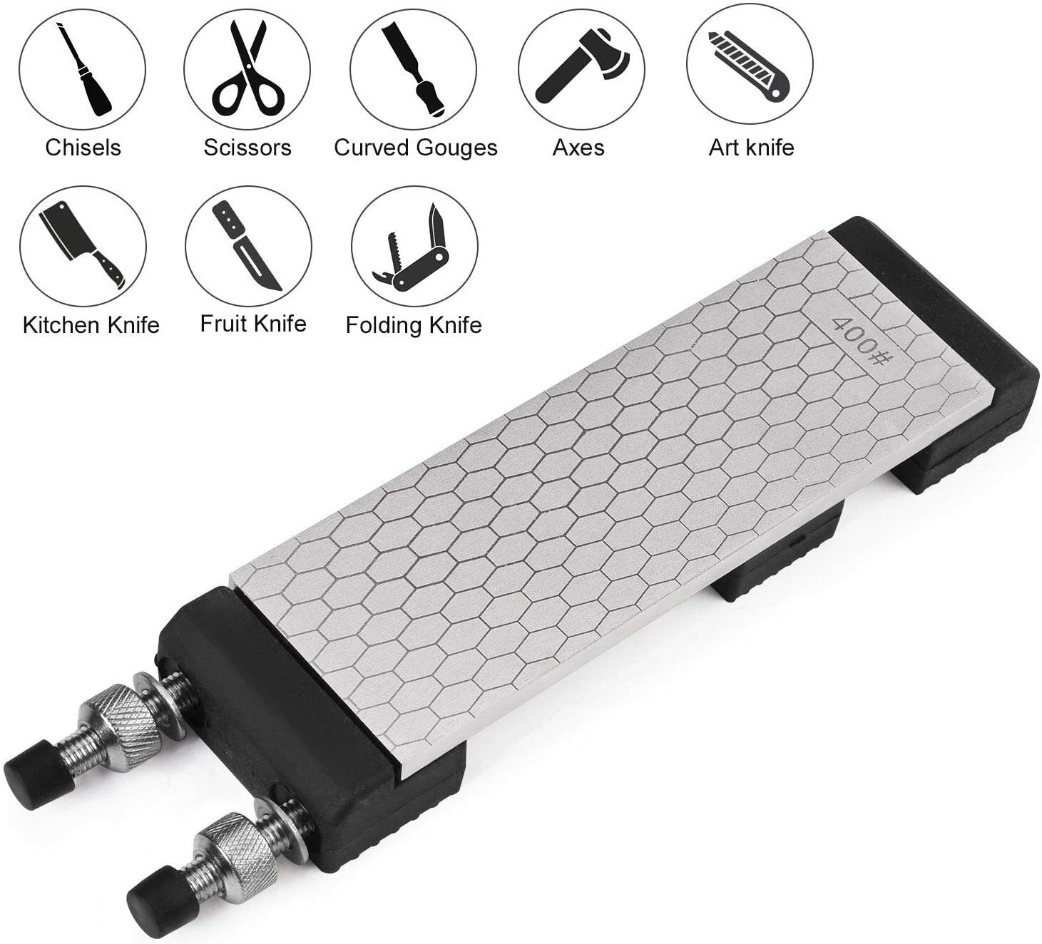 8in Diamond Sharpening Bench Stone Double Sided 400/1000 Grit W/ Non-Slip Holder