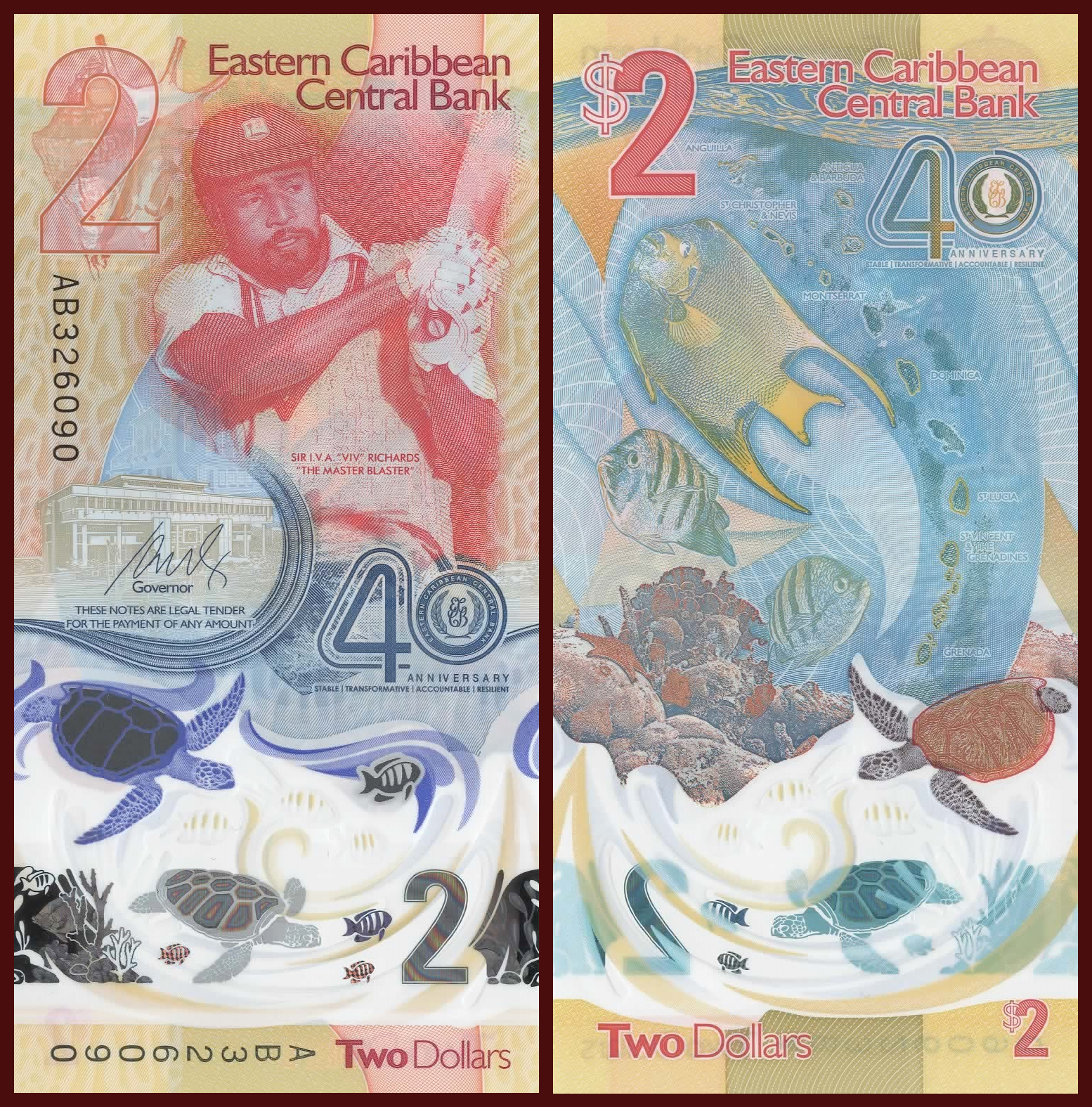 East Caribbean States 2 Dollars Banknote, 2023, P-61, UNC, Commemorative Polymer