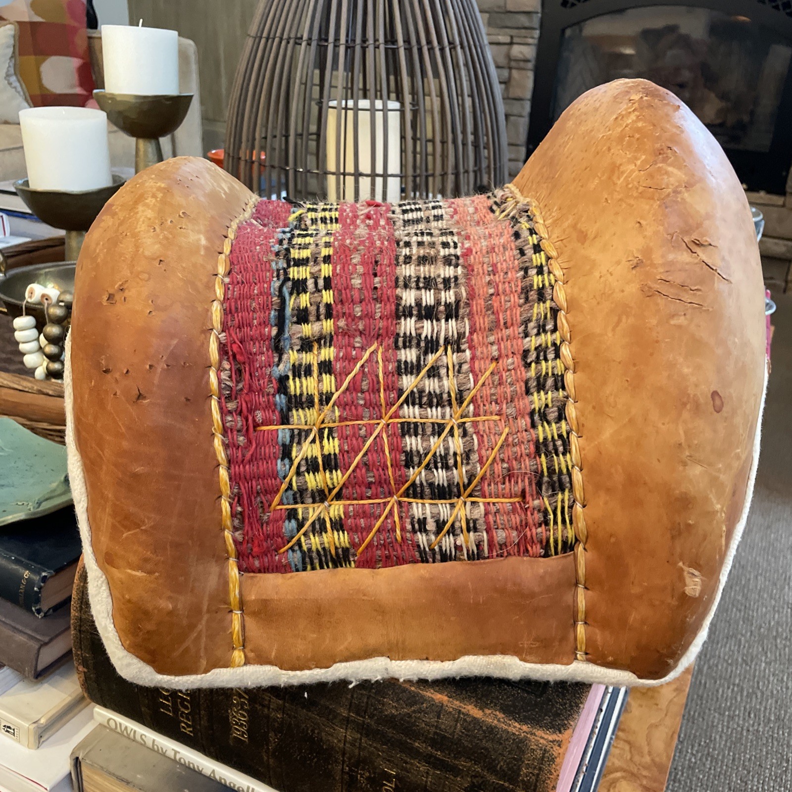 VTG North African Leather Donkey Saddle Woven Textile Tunisia