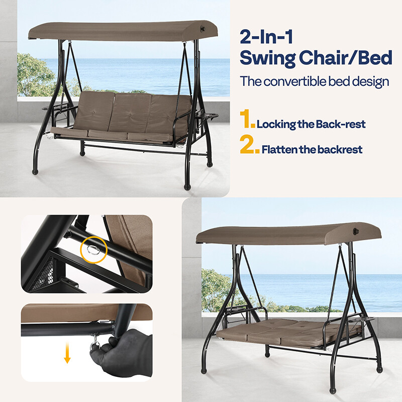 3-Seat Outdoor Converting Swing Chair w/ Canopy Outdoor Porch Swing Chair &Stand