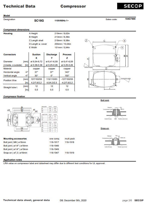SC18G R134a Refrigeration Compressor 6291 BTU 115V 1/2+HP for True 938956 955148