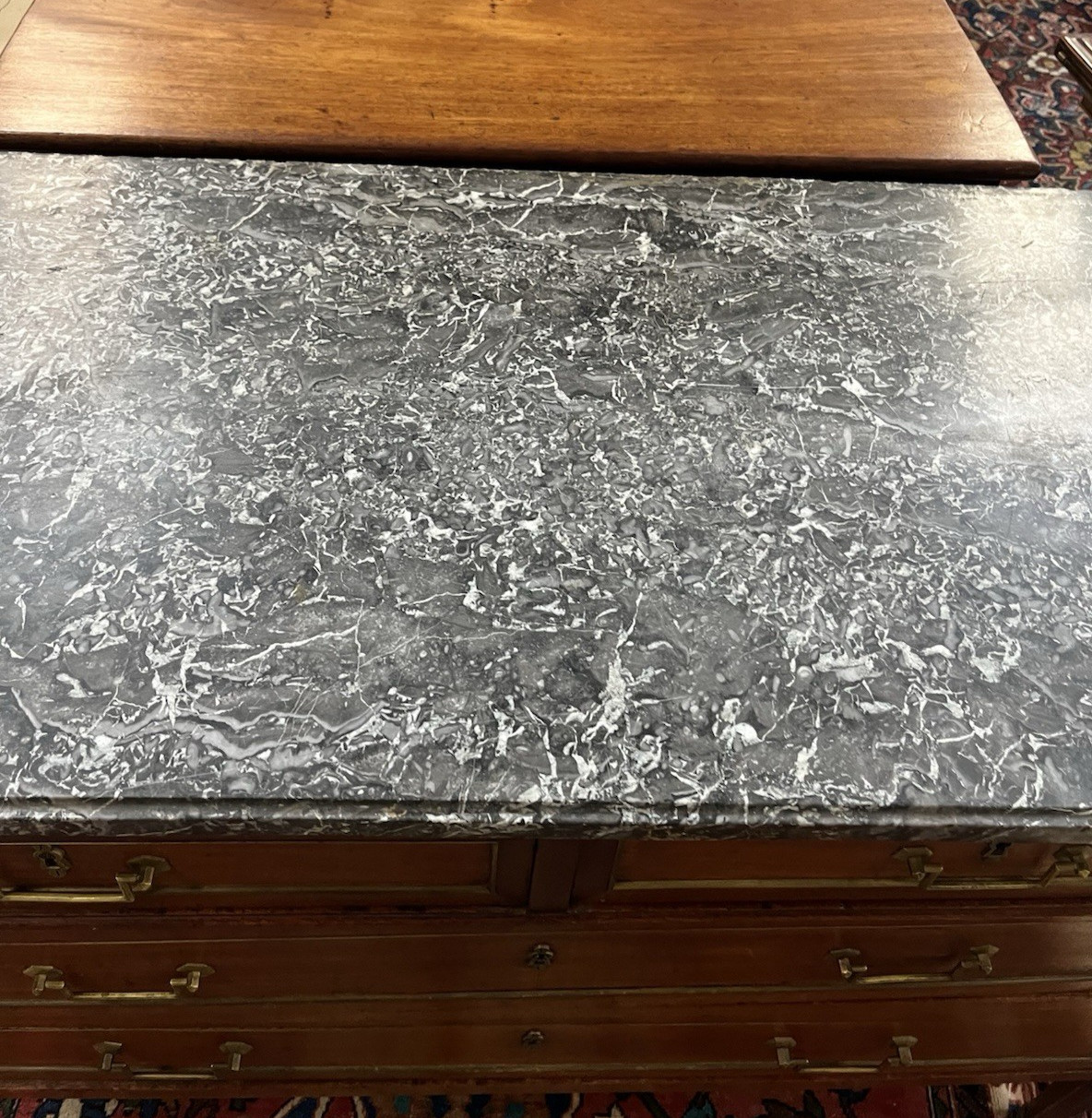 Antique French Mahogany Louis XVI Grey Marble Top Chest of Drawers 34"H x 50"L