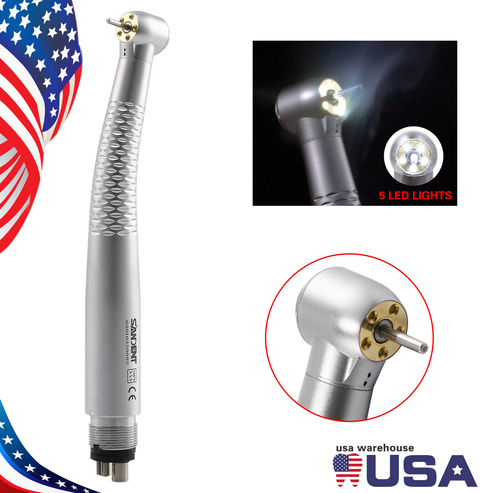 Dental 5Lights LED E-Generator High Speed Fiber Optic Handpiece 4Hole Shadowless