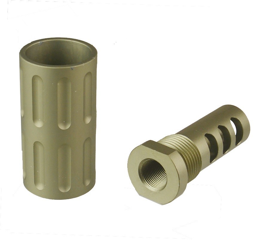 Aluminum Anodized Tan 1/2x28 TPI Muzzle Brake With 13/16x16 TPI Forwarde 9MM