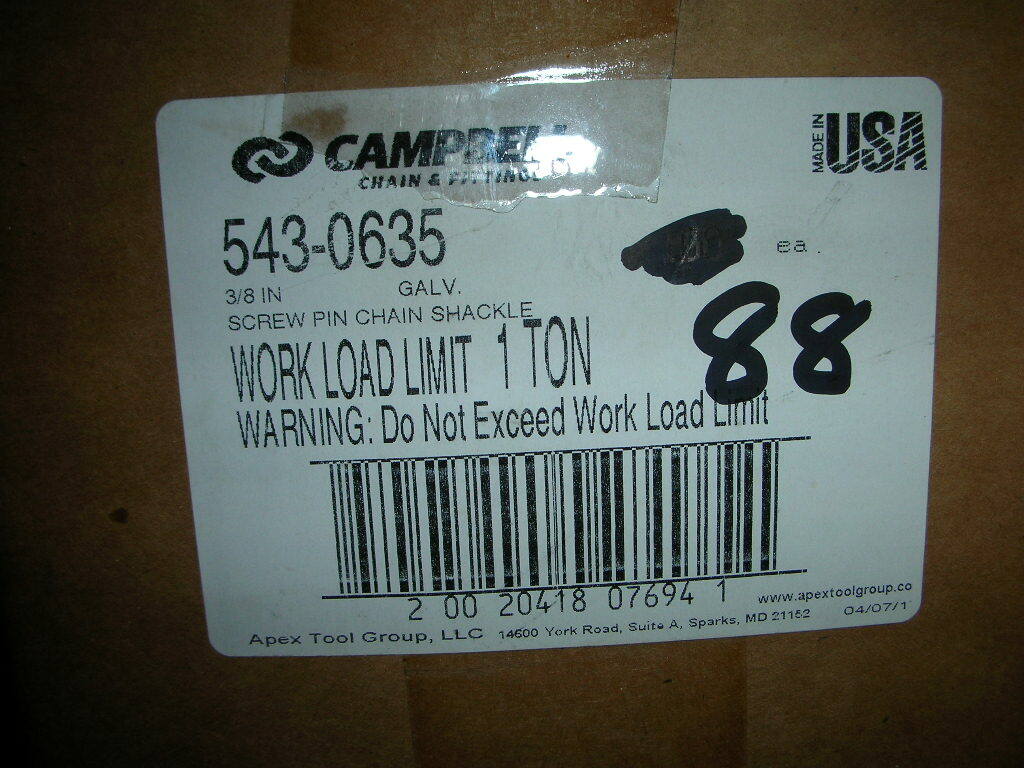 CAMPBELL Chain 5430635 543-0635 3/8In 1T 2000# Chain Shackle Clevis Galv USA!