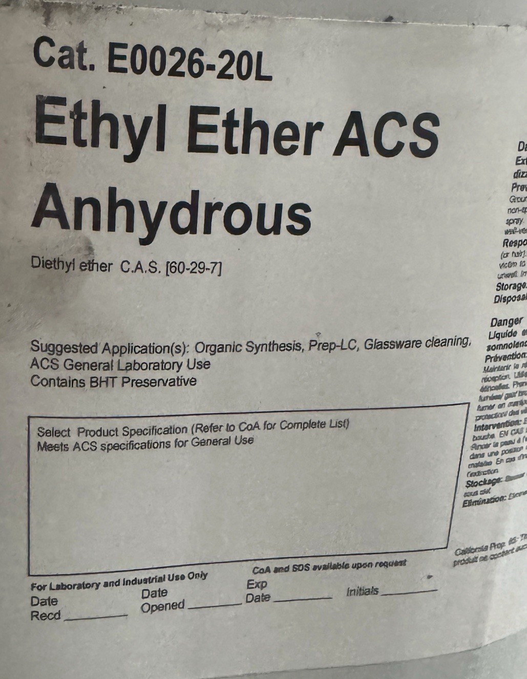 Ethyl Ether ACS Anhydrous E0026-20L . New Sealed Metal Can