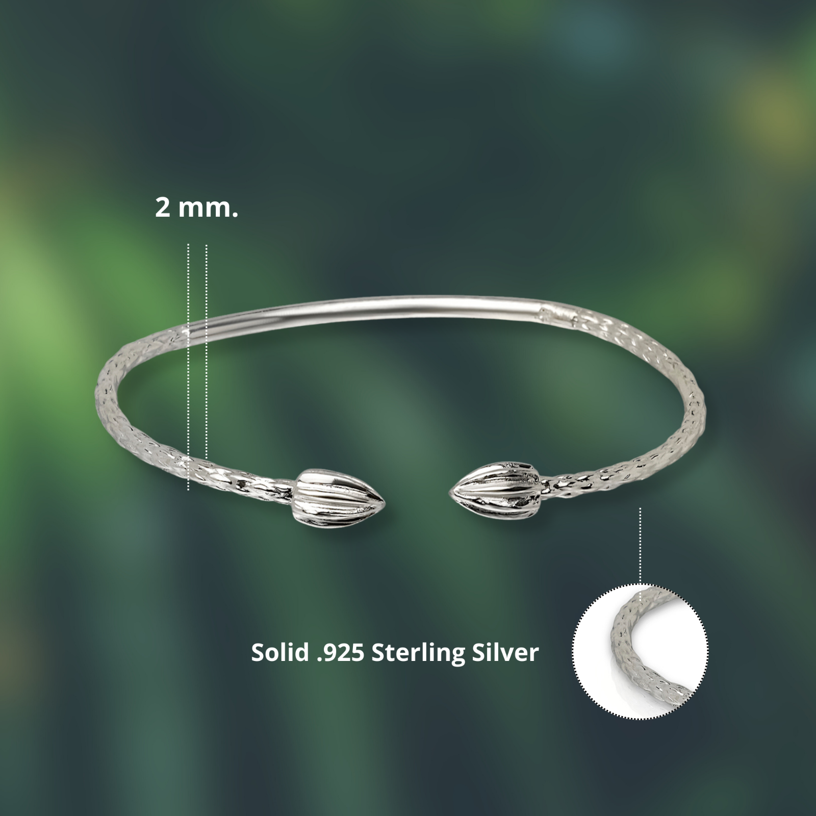 Cocoa Pods Pointy Bulb Ends .925 Sterling Silver West Indian Bangles, 1 pair