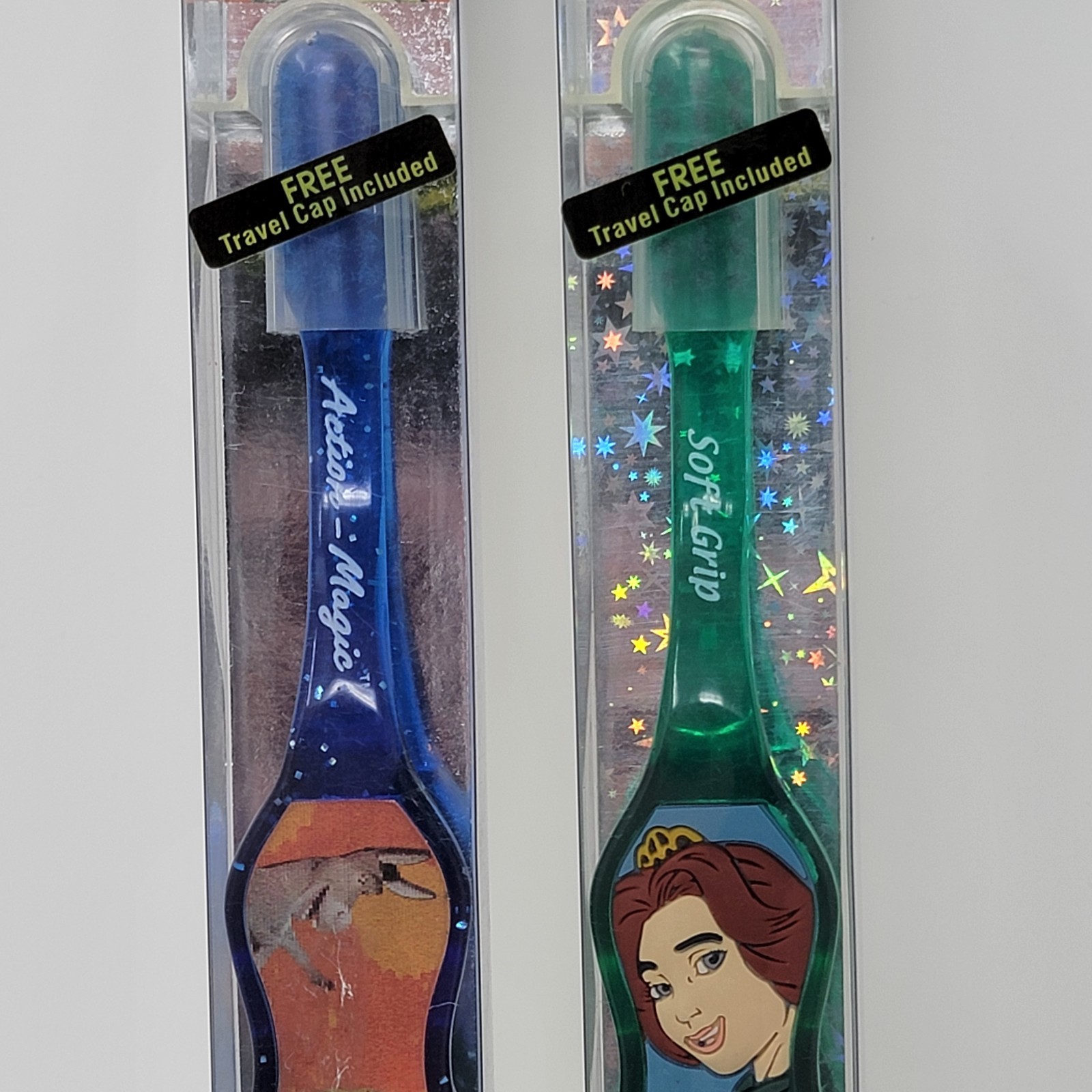 2 Happee Care Shrek 2 Soft Grip Toothbrush + Travel Cap Fiona Donkey Lenticular