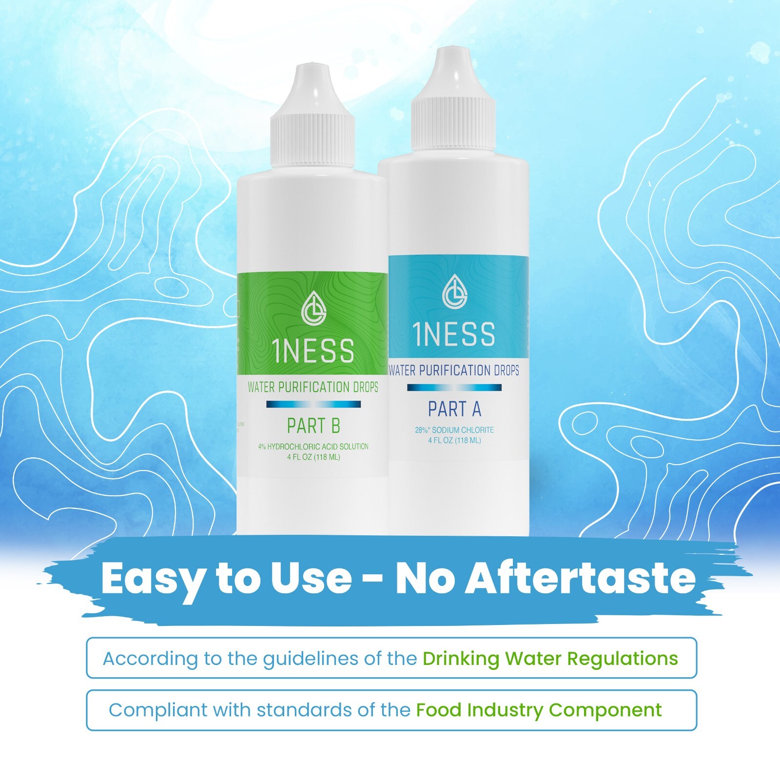 4pk 1ness Water Treatment Drops - BPA-Free Plastic Bottles - 4oz Kit (HCLKit)