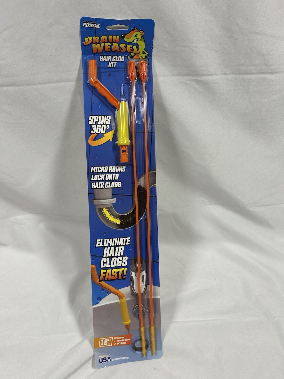 FlexiSnake Drain Weasel 18" Hair Clog Remover Tool Kit - 3 Pack