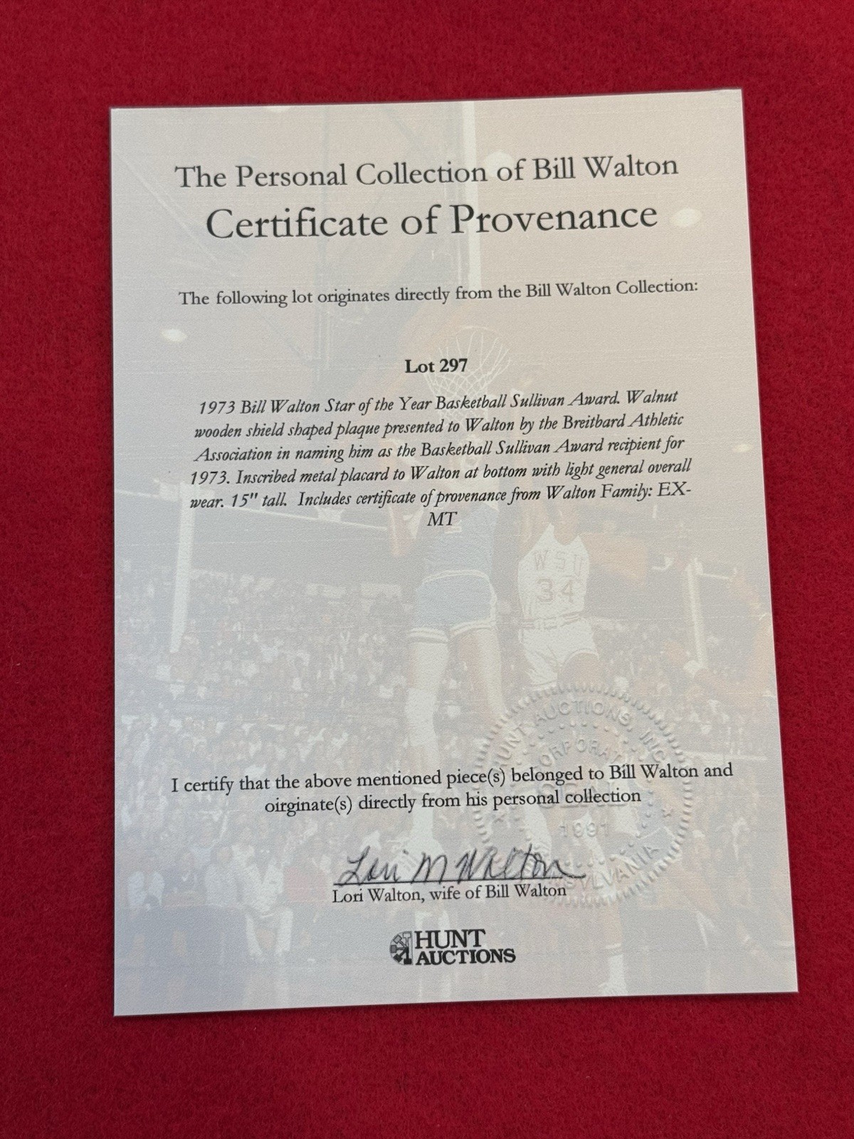 Bill Walton Personally Owned 1973 Star of the Year Sullivan Award UCLA