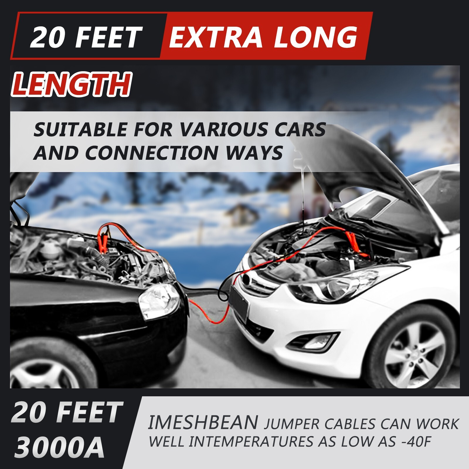 Auto Jumper Cables 1 Gauge 3000AMP 20Ft , Automotive Booster Cables for Car Van