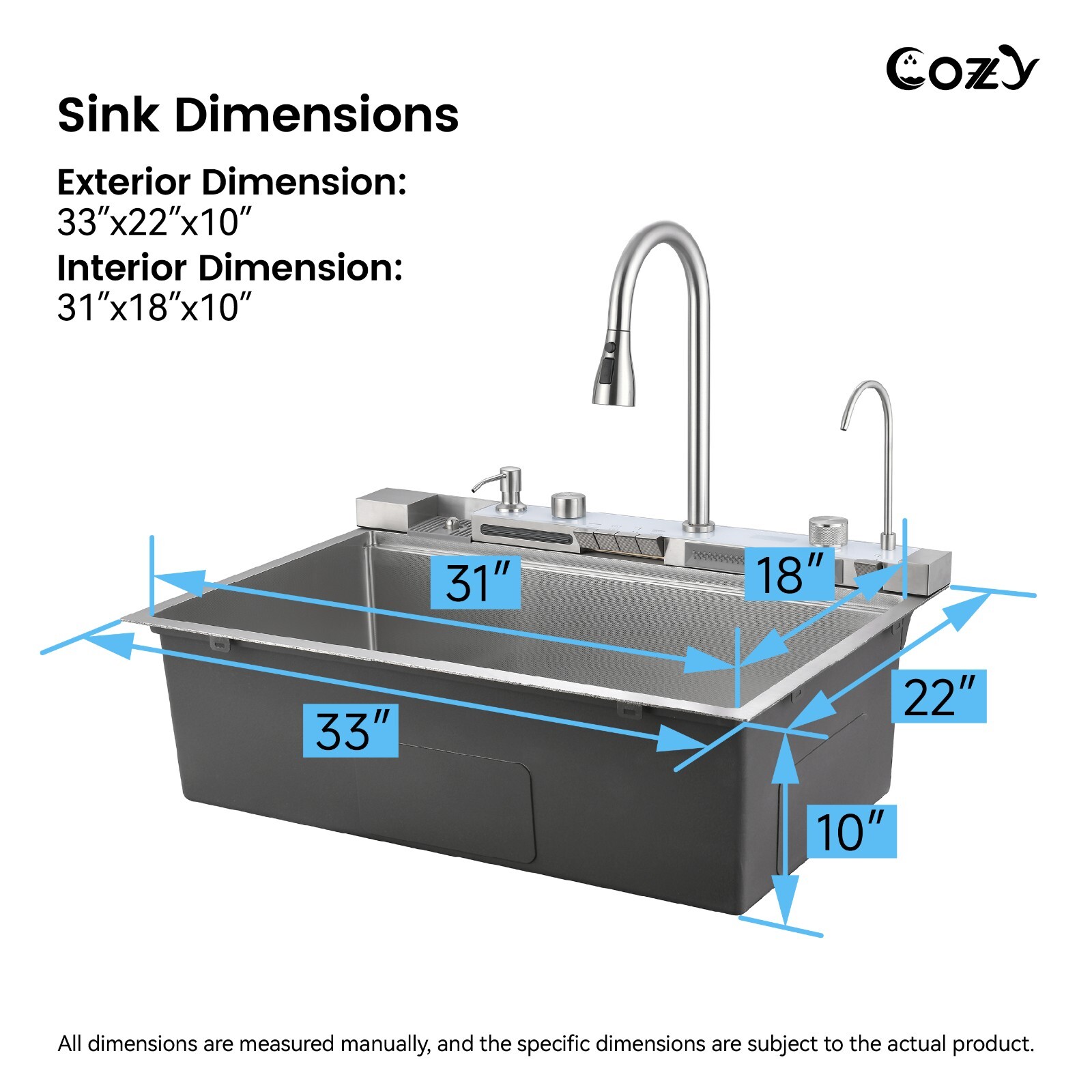 Cozy 33x22" Multifunctional Overmount Kitchen Sink Faucet Combo Brush Nickel