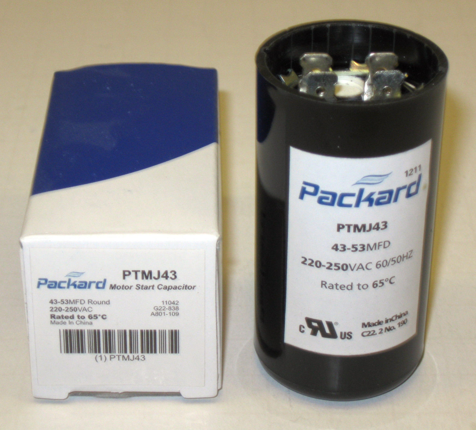 Packard PTMJ43 Motor Start Capacitor. 43-53 MFD UF / 220-250 VAC