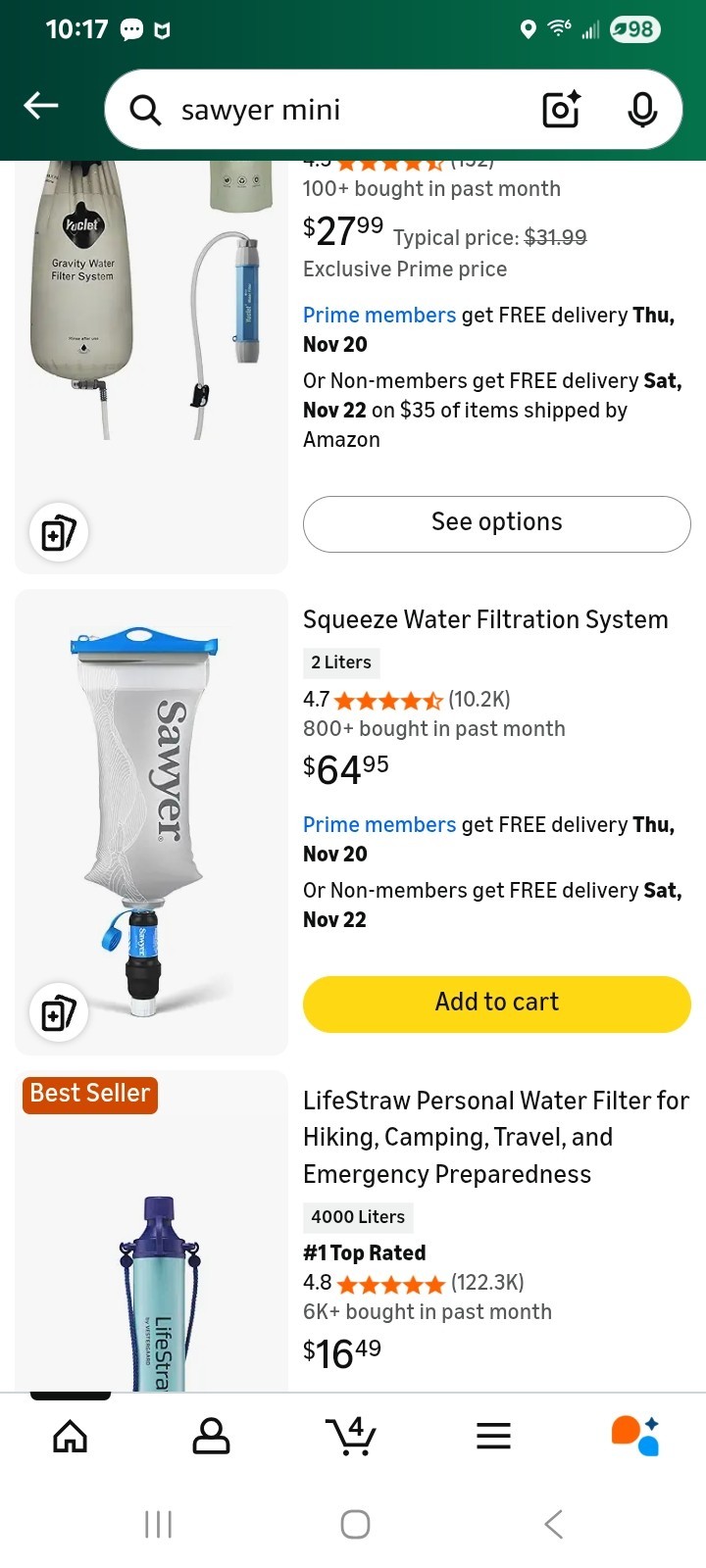 Squeeze / Gravity Water Filtration System Sawyer Mini & CNOC Premium 2L Bladder
