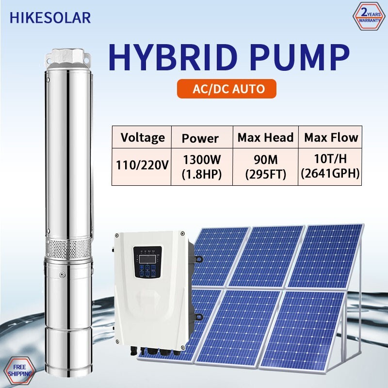 Hybrid Solar Water Pump 4" AC/DC 1300W 1.8HP Plastic Impeller Max Flow 10T/H