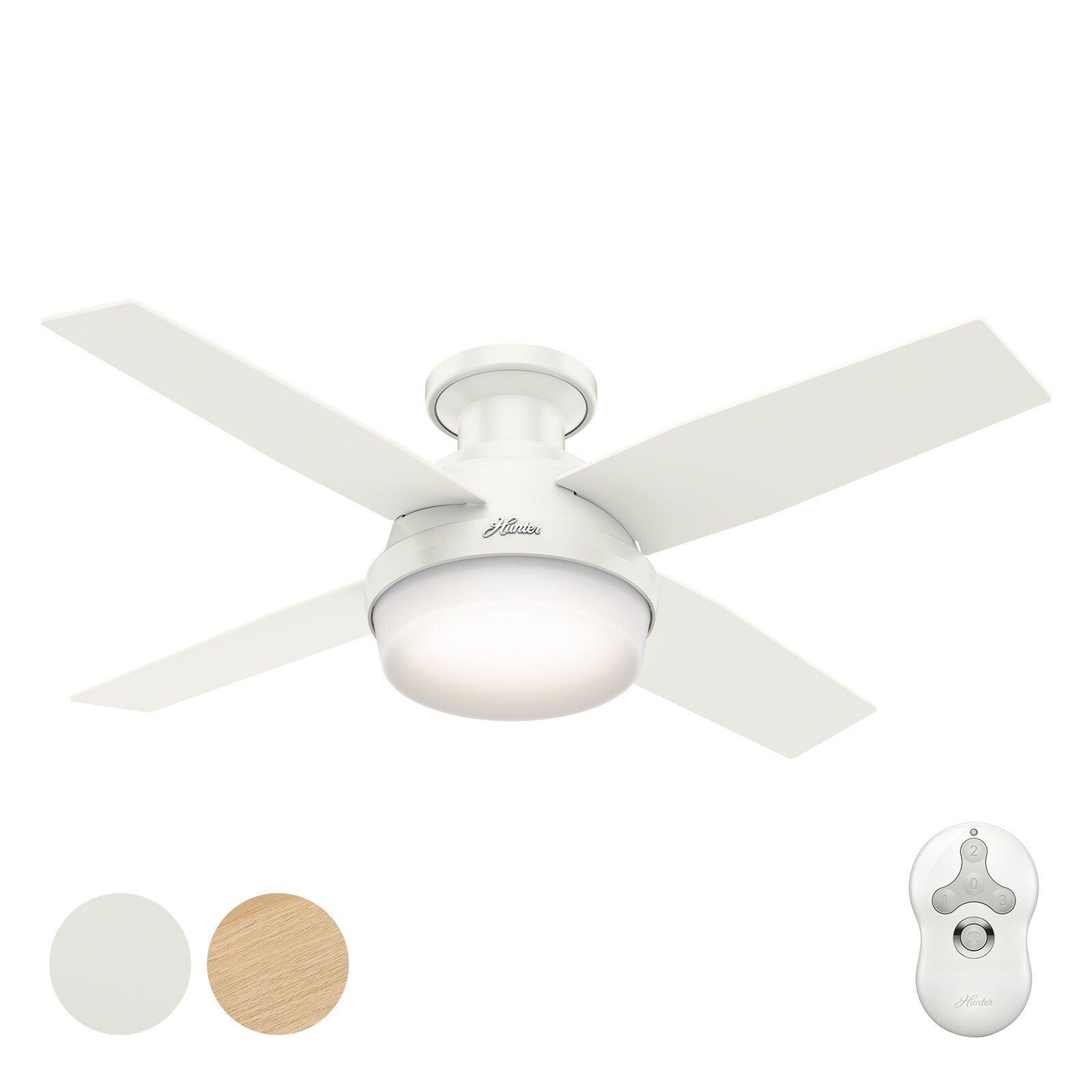 Hunter Fan 44 in Low Profile Fresh White Indoor Ceiling Fan w Light Kit 4 Blade