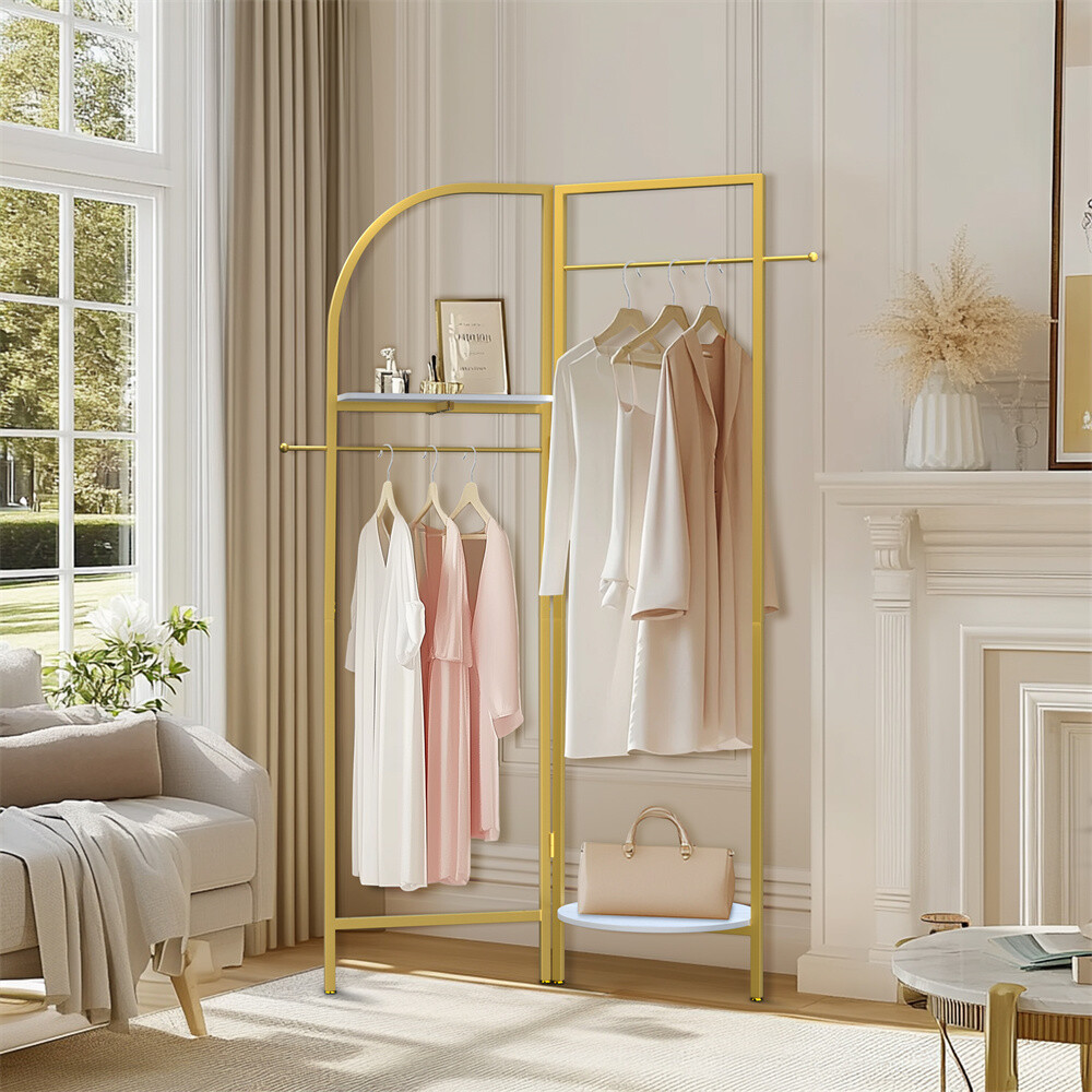 Corner Gold Metal Clothing Rack Freestanding Clothes Coat Rack 90-180° Unfolding