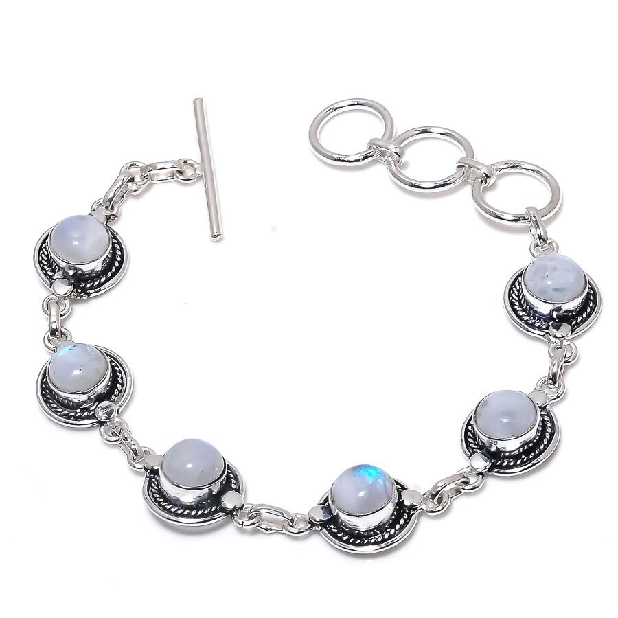 Rainbow Moonstone Gemstone Handmade 925 Sterling Silver Jewelry Bracelet Sz 7-8"