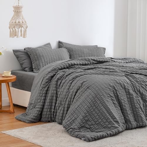 Seersucker King Size Comforter Set, 7-Piece All King (102"X90") Dark Grey