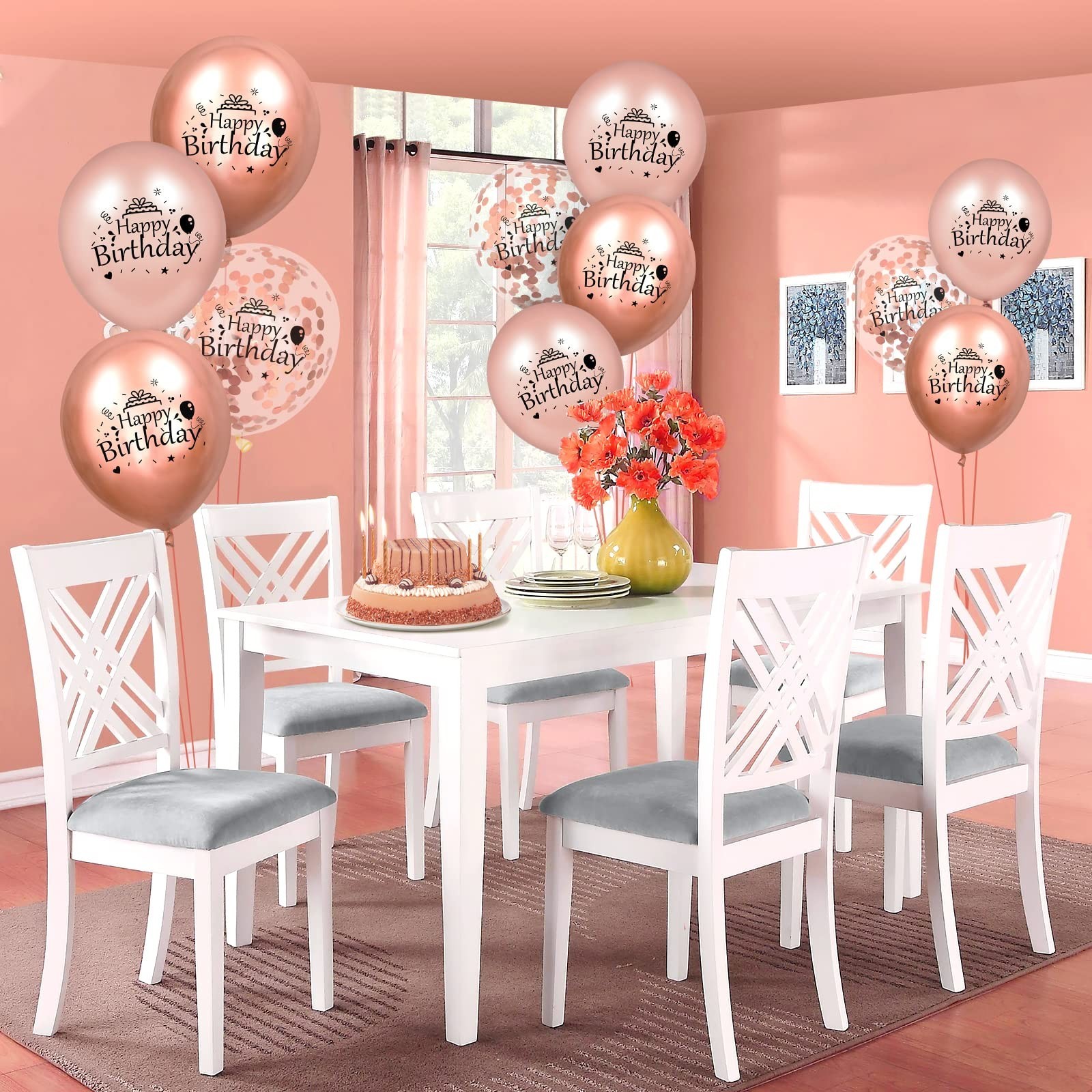 RUMIA Rose Gold Happy Birthday Balloons 18 Pcs 12 Inch Latex Confetti Balloon...