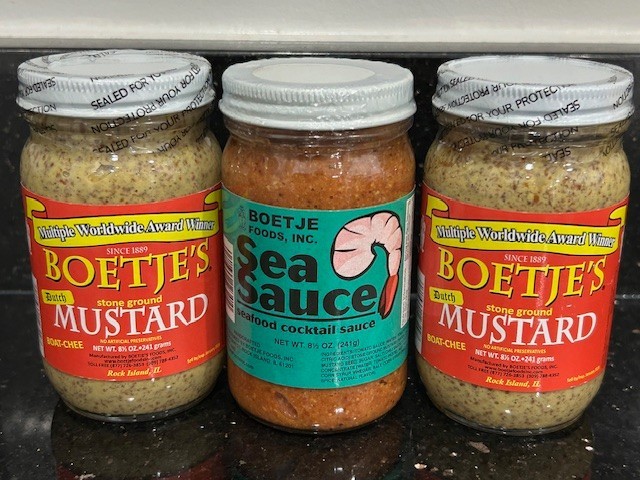 2- JARS BOETJE STONE GROUND MUSTARD 8.5 OZ AND 1-JAR BOETJE SEA SAUCE 8.5 OZ