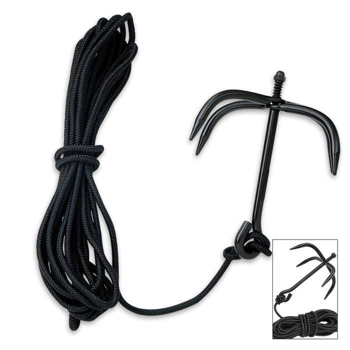 Grappling Hook + Cord Rope Black Stainless Steel Outdoor Climbing Ninja Survival