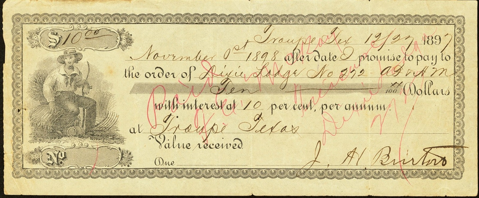 TX $10 TROUPE Texas Dixie Lodge #272 November 1st, 1897 private promissory note